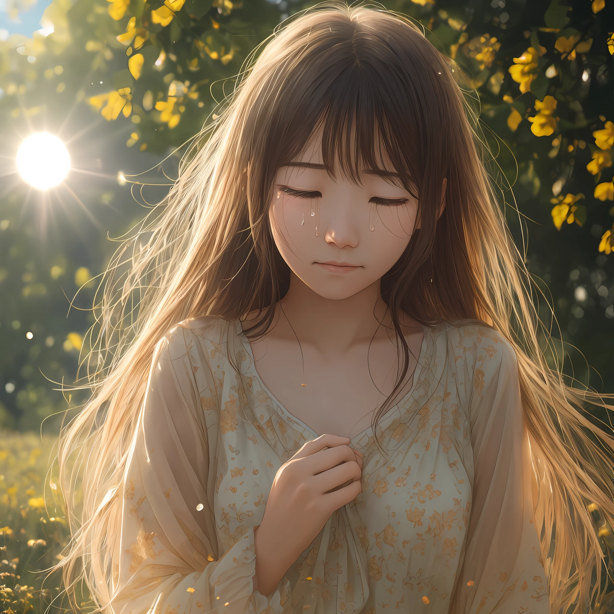 A beautiful girl shedding tears in the warm sunshine, the sunlight shining through her translucent tears; her expression is full of sorrow --auto --s2
