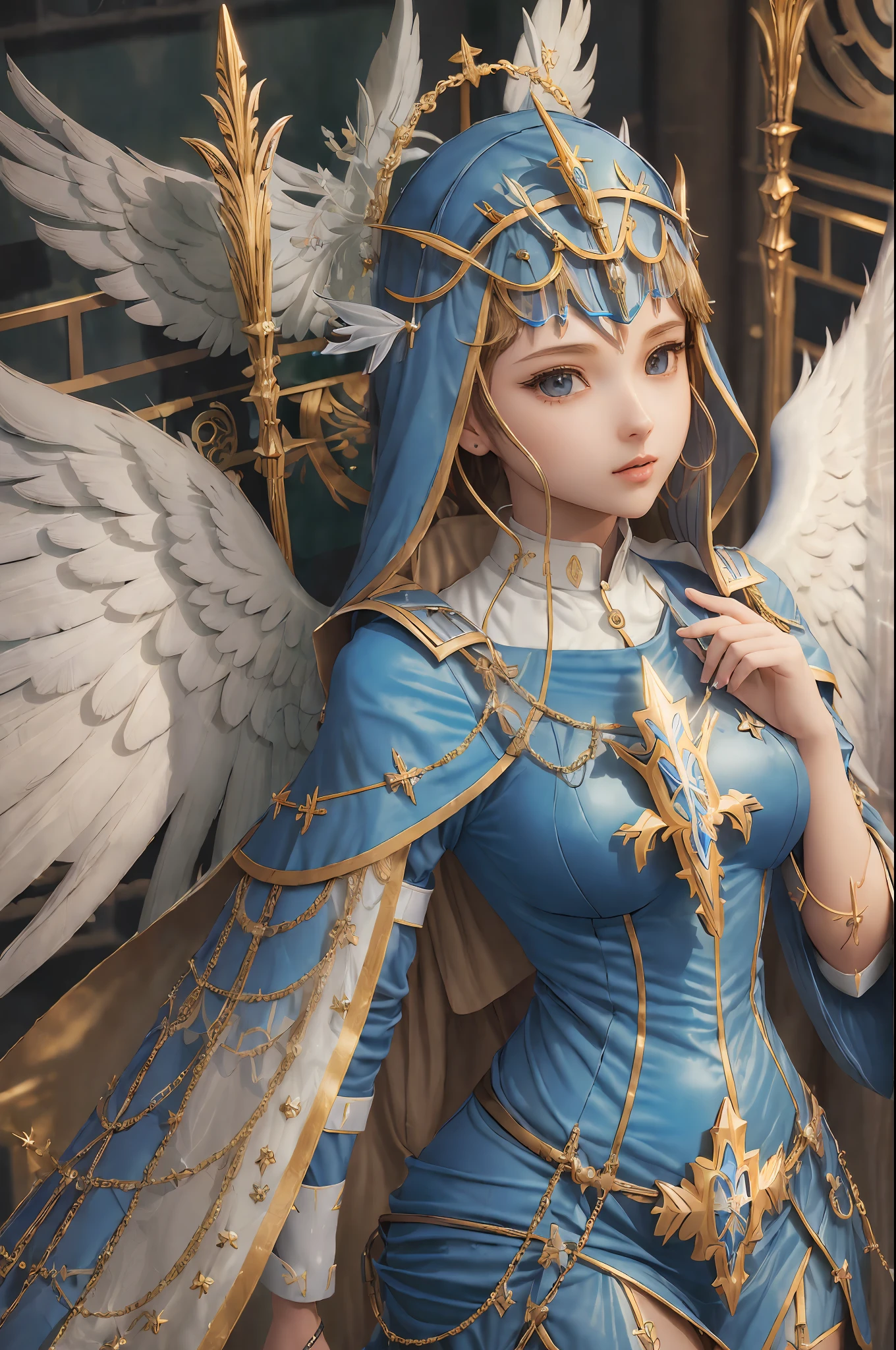 hll, ((Best quality)), ((masterpiece)), (highly detailed:1.3),3D blessedtech holy cyber nun wearing blessed angel armor with aura of zealous power, legion of heaven, defender of faith,god rays,