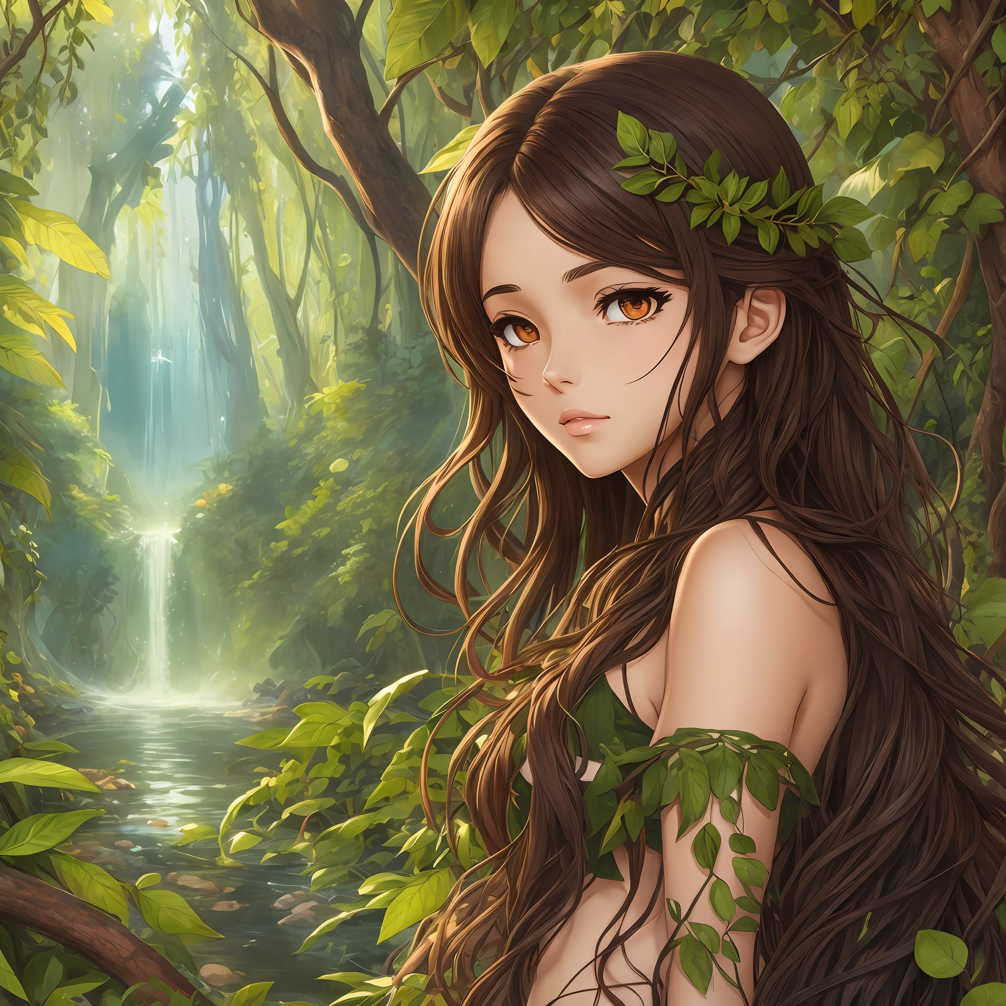 Eve garden of Eden, with foliage around body (forest) anime body set freighter (attractive, deep eyes) wavy hair and dark brown Best quality (drawing, anime) brown eyes brown skin color brunette (high definition) realistic hd 8k traits of the middle east --auto --s2