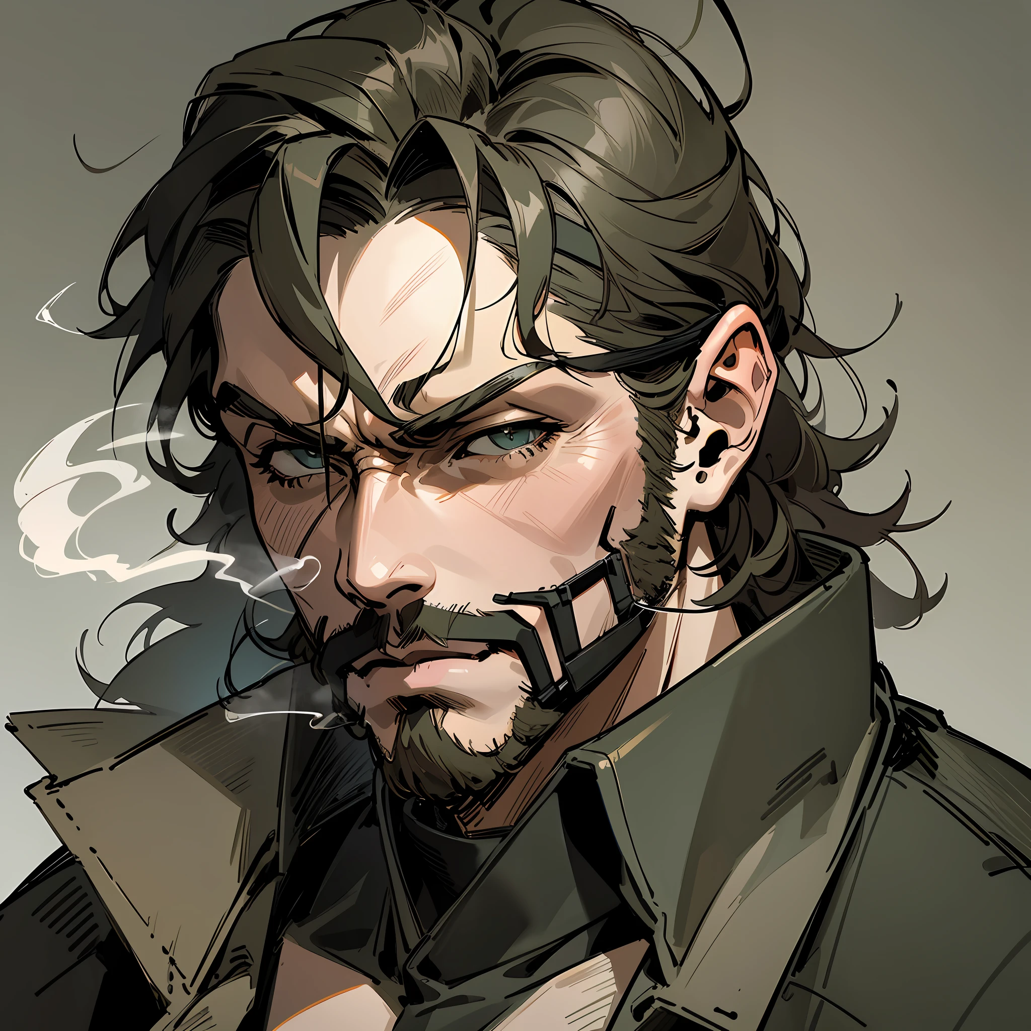 metal gear,metal gear solid,solid snake,metal gear solid solid snake,yoji shinkawa metal gear solid art,metal gear yoji shinkawa,horns on head, dark, dark,dark background,suit,business suit,smokie,tuxedo,smoking a cigarette,wearing gloves,using headband,horror --auto --s2