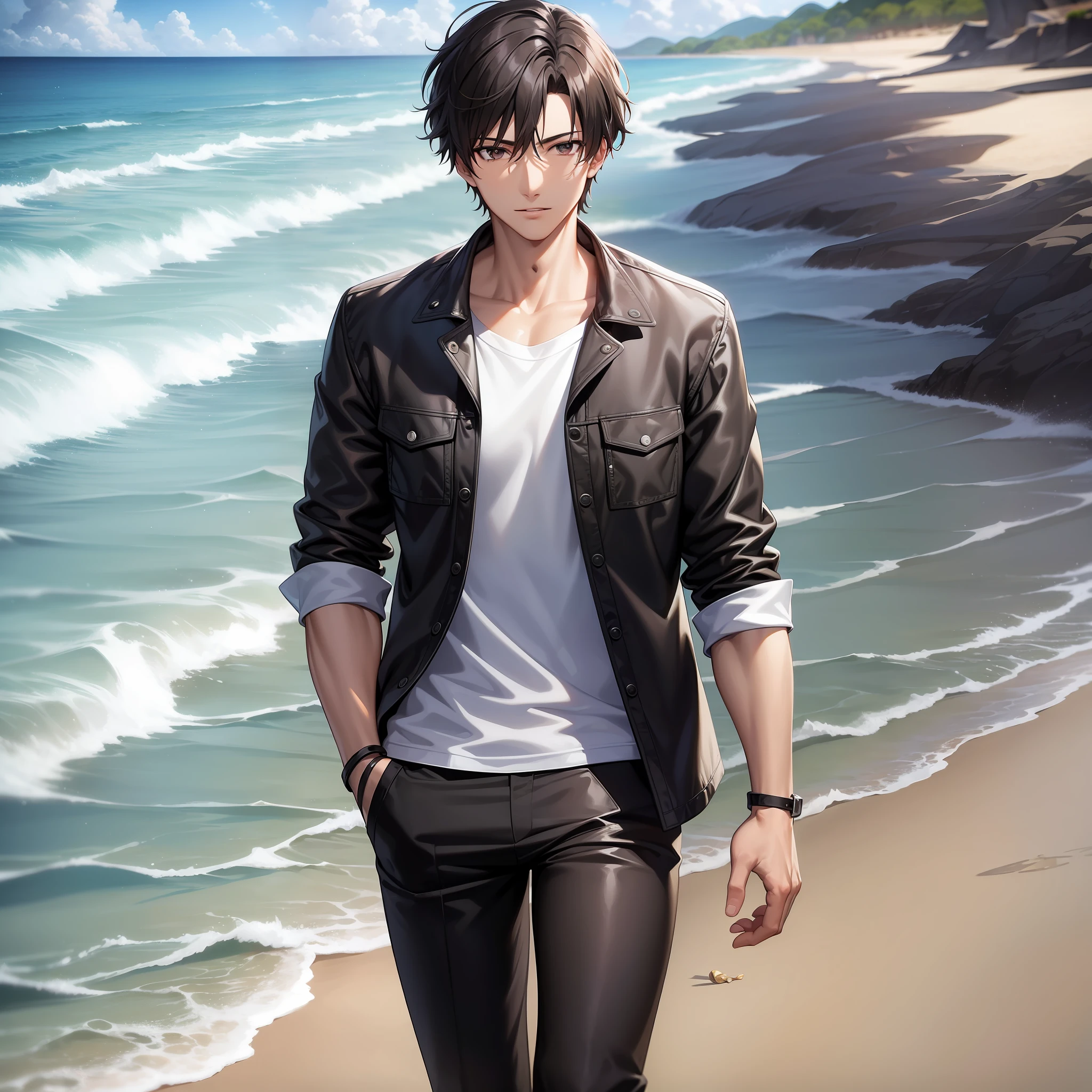 (Masterpiece) 8K resolution, handsome young man strolling on a popular beach, short black hair, hazel eyes, brown eyes, clothes that were on the beach, anime style, model style,