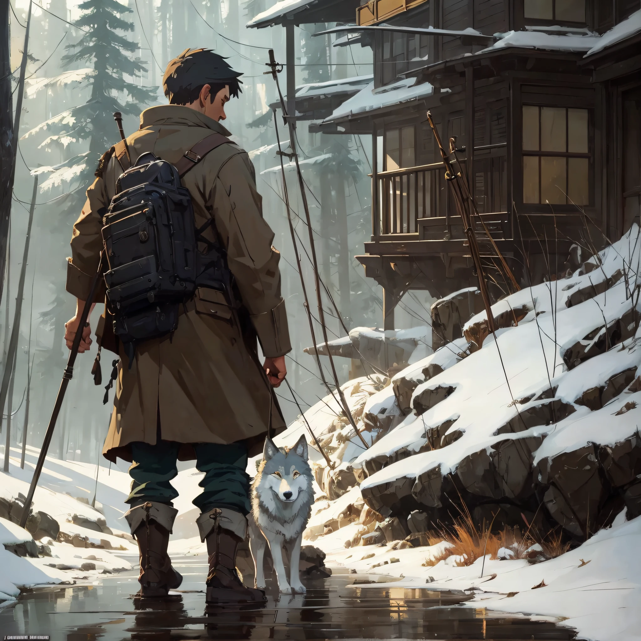 wolf and a boy, well detailed, best quality, majestic professional oil painting by Ed Blinkey, Atey Ghailan, Studio Ghibli, by Jeremy Mann, Greg Manchess, Antonio Moro, trend in ArtStation, trend in CGSociety, Intricate, High Detail, sharp focus, dramatic, photorealistic painting art by Midjourney and Greg Rutkowski --auto --s2