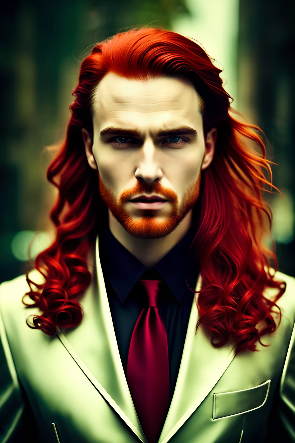 Portrait photography style, world masterpiece, super exclusive professional digital art, film frame, super realistic, color cinematic film photography with hyper fine details and quality, photo, red-haired vampire man suit