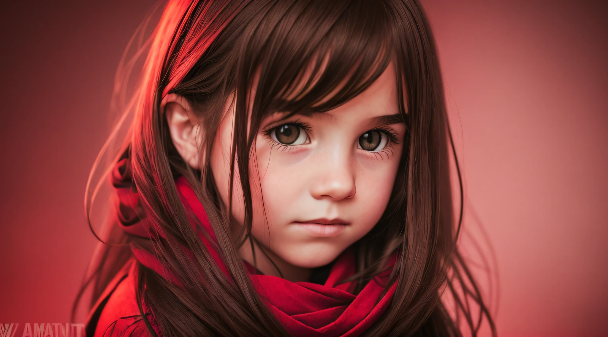 Child girl with long hair and a scarf on her neck, soft light portrait, soft light medium portrait, soft low light portrait, red and cinematic lighting, dramatic intense lighting, posing in dramatic lighting, atmospheric portrait, atmospheric red lighting, shooting in the dark with studio lights, mysterious portrait, bright red skin, chiaroscuro portrait, red humor in the background --auto --s2