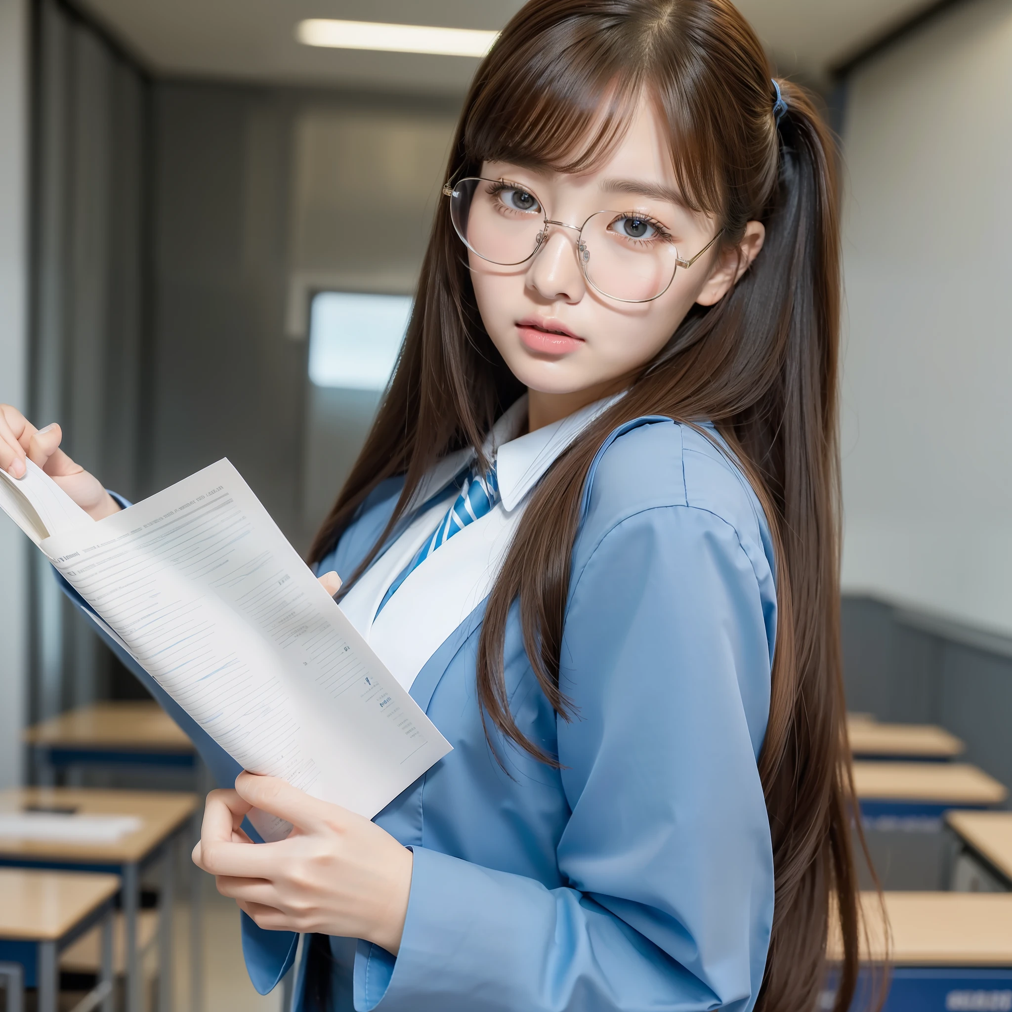 ((Top Quality, 8k, Masterpiece: 1.3, best details)) ,Beauty, 1Girl, brunette highschool girl, tall, slim, elelegant, kpop star light blue uniform unfiorm, holding a paper in her right hand, looking at viewer, classroom, natural, black glasses, ultra detailed face, highly detailed lips, ultra detailed eyes