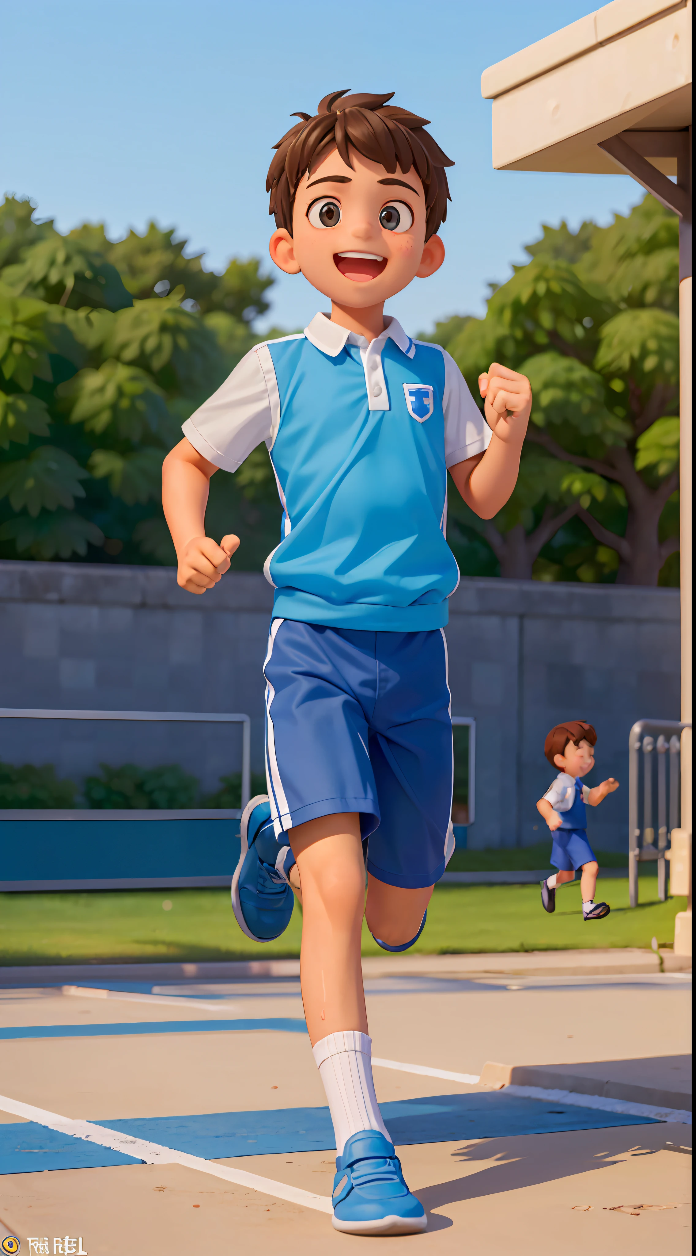 A boy (in the picture ratio 1:2), school uniform, school playground, running track, crossing the finish line, victory, joy, joy, perfect quality, clear focus, (Masterpiece: 1.2) (Realistic: 1.2) (Bokeh) (Best quality) (Detailed skin: 1.3) (Intricate details) (8K) (Detail eyes) (Sharp focus), (Happy)