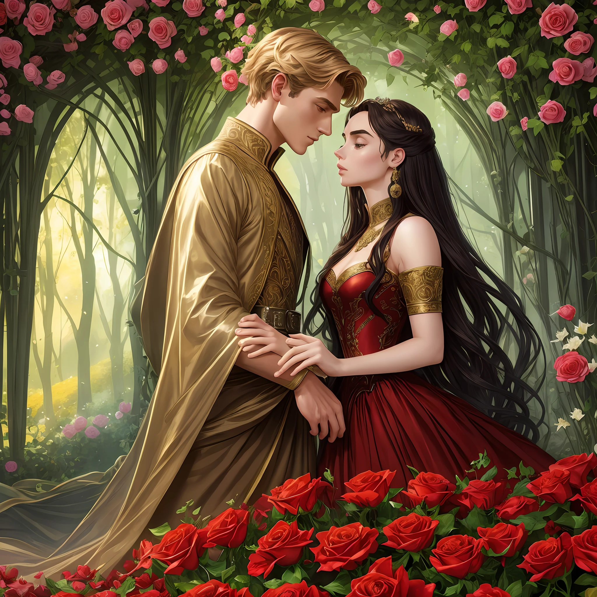 Couple kisses with great affection, Neels Visser is a prince who has golden blond hair, wears a medieval military outfit and is in love with the commoner Lily Collins, who has dark curly black hair and wears a red dress, illustration of a book cover of romance with a detailed, smooth, glittering background filled with ivy-covered flowers and red roses, ornate dress standing in a bed of roses, rim light, dynamic lighting, ethereal lighting, ultra detail, concept art, elegant, surreal, art by Lisa Aisato, Greg Hildebrandt, Citemer Liu, Stjepan Sejic, Samyang, Aykut Aydogdu, Justin Gerard, Alphonse Mucha, Artgerm, WLOP and Greg Rutkowski