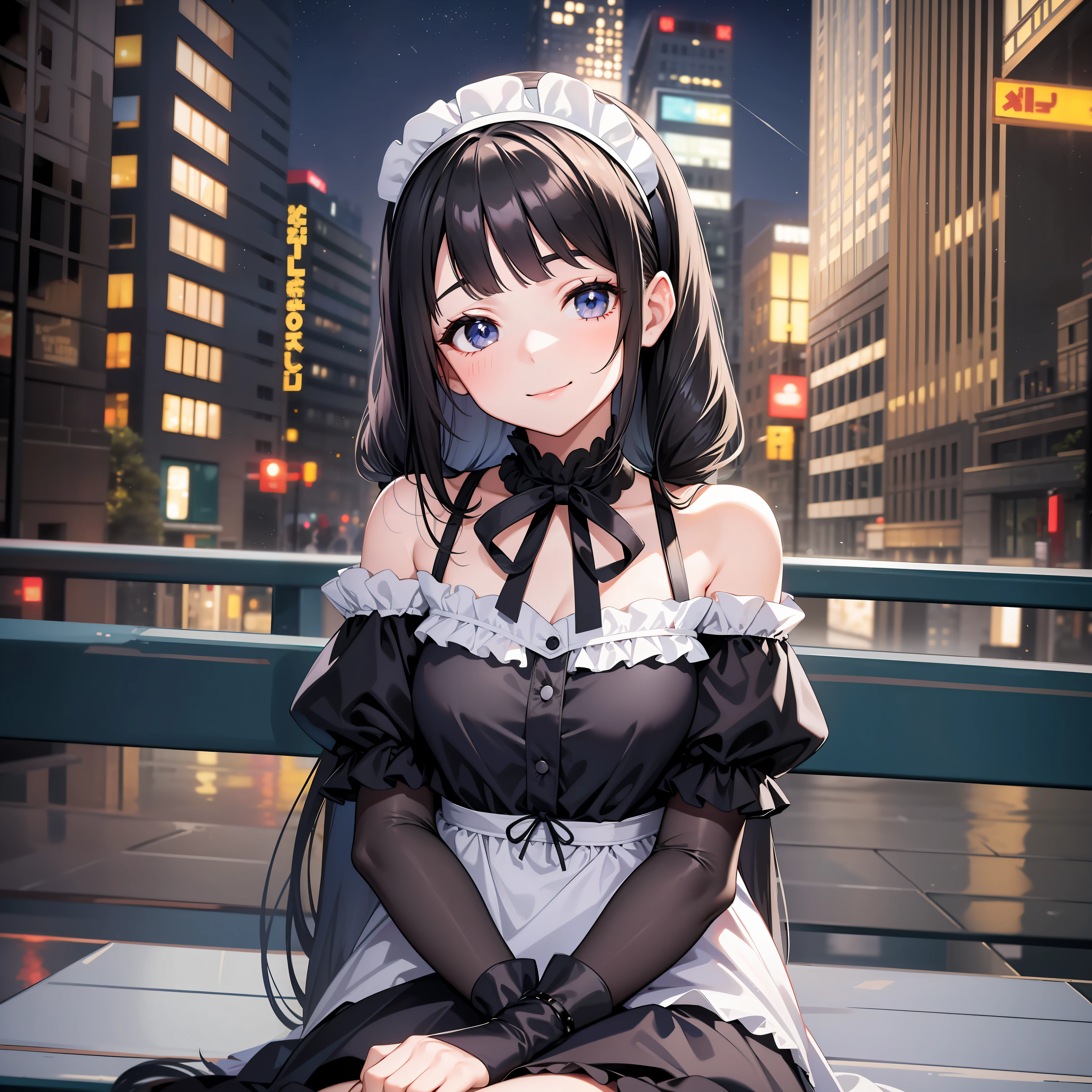 30 years age women, wear maid dress off shoulder, stocking, perfect face, beautiful eyes, black long Hair in two pigtails, Sit on the bench of the city in midnight, smile, Wearing a headband, black eyes, variation angle, closed up