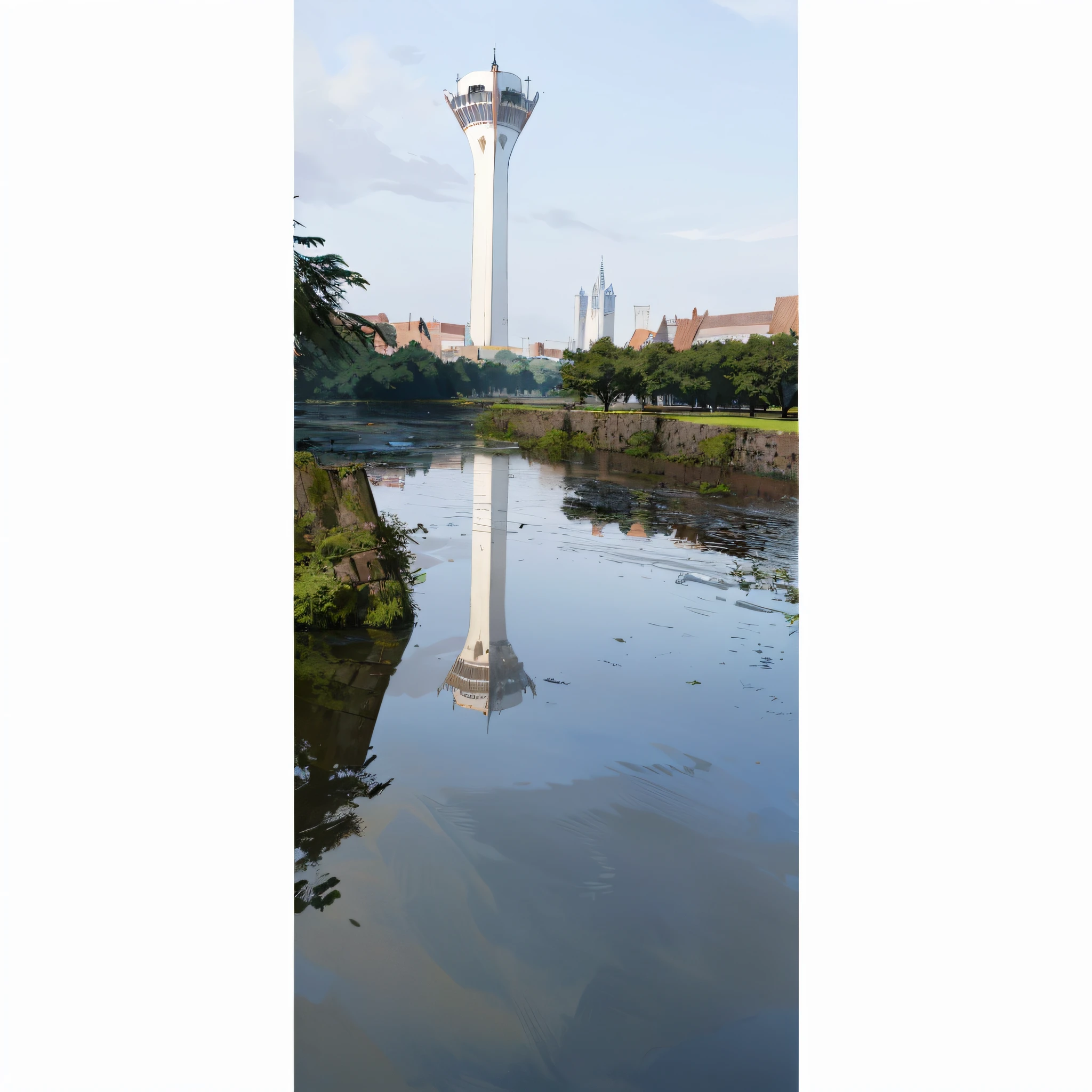there is a tall tower that is next to a body of water, single flooded tower, flooded tower, from the distance, reflection, shot from a distance, taken with sony alpha 9, glass reflections on top, reflection on the water, reflection in water, water reflection!!!!!, view from below, water reflection, myllypuro water tower, morning shot