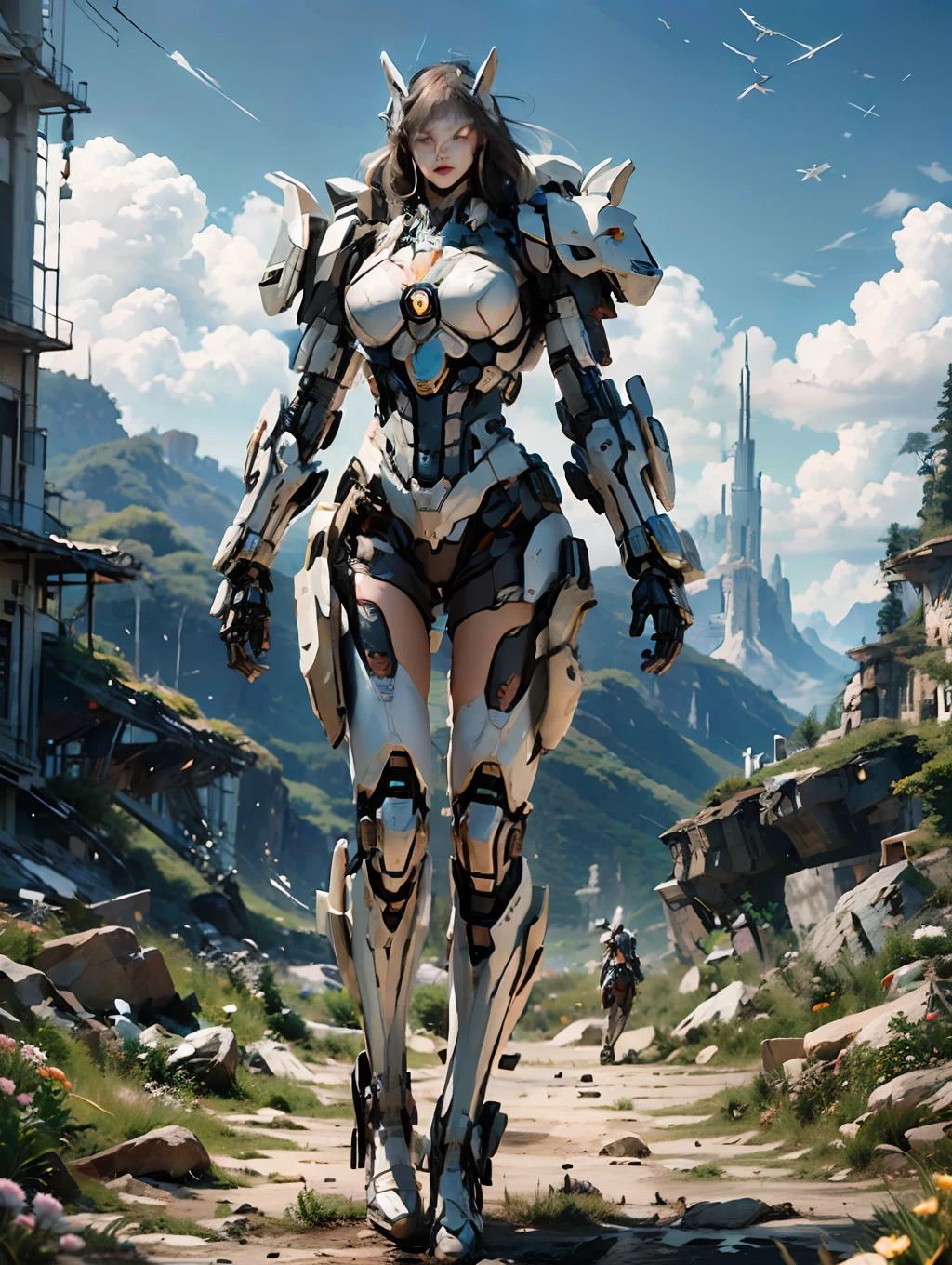 Mech Warrior full body, complex 3d render ultra detailed of a beautiful porcelain profile of a Mech Warrior Vetern, beautiful studio soft light, rim light, vibrant details, luxurious, hyper realistic, anatomical, , zoomed out, , elegant, beautiful background, octane render, H.R. Giger style