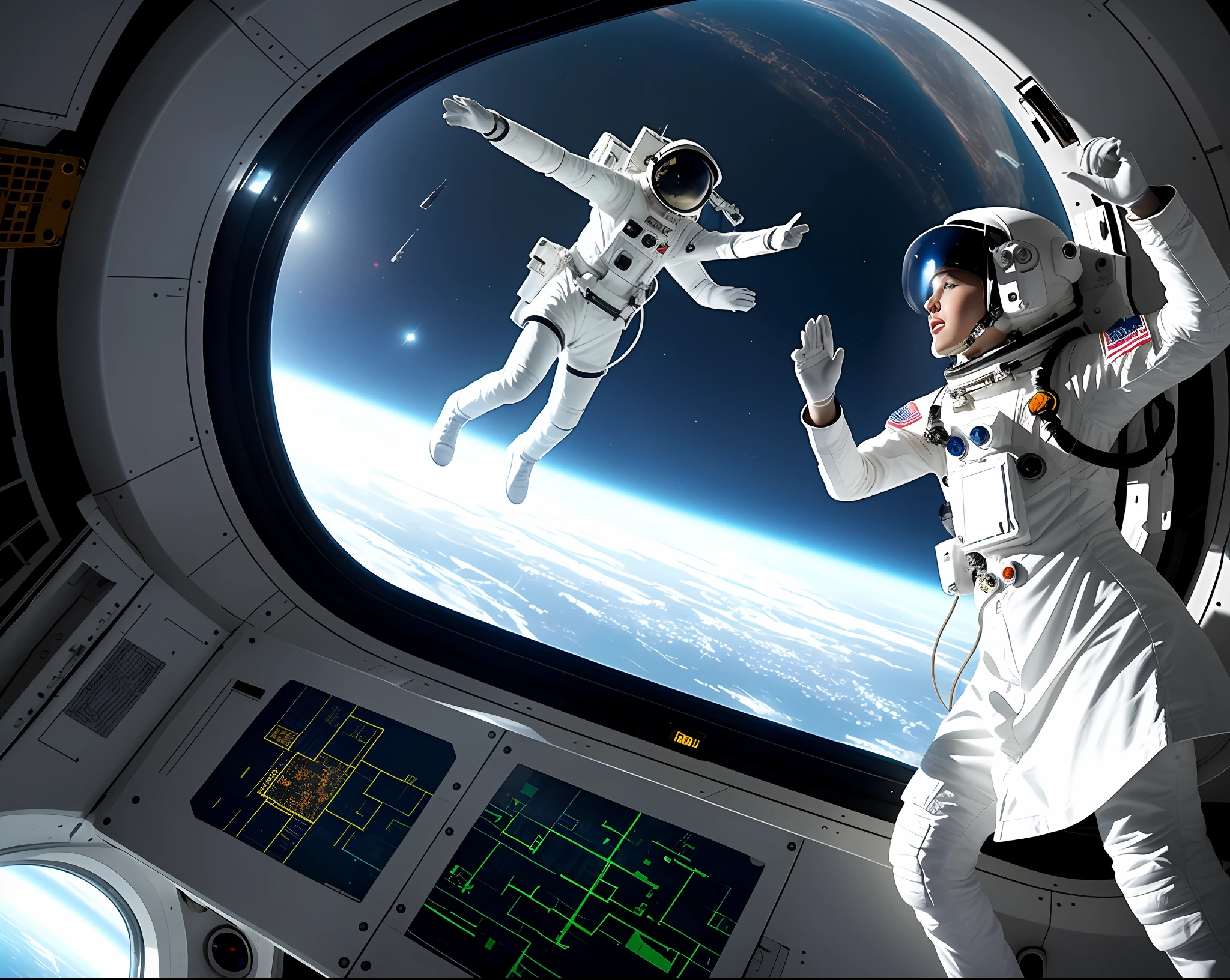 An astronaut inside a huge city ship, talking with a voice in the air. The astronaut wears a white dress, and the voice in the air belongs to an artificial intelligence.