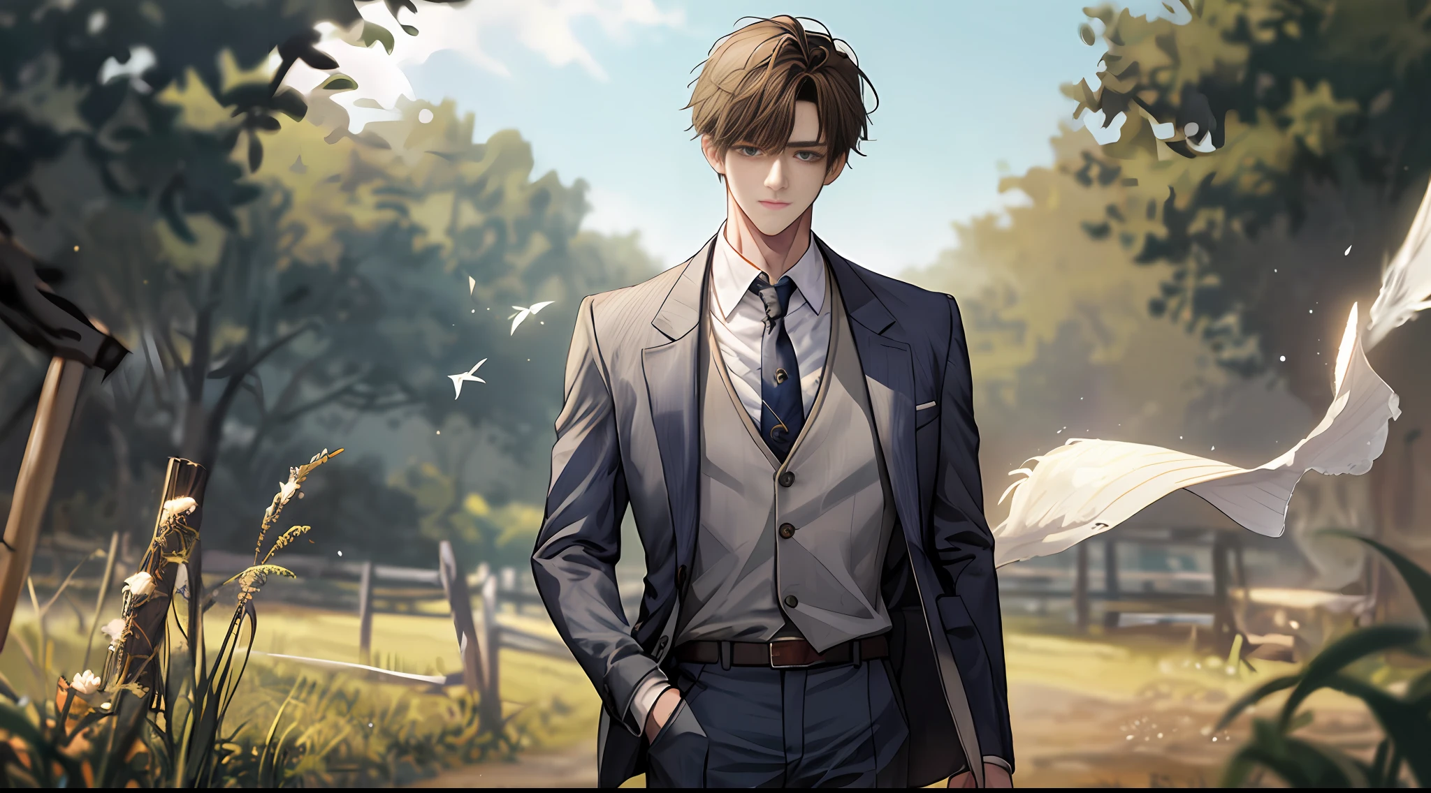1boy, face focus, adult, shabby clothes, pants, best quality, suit, jacket, white shirt, tie, pants, farm, detail background, diffuse sunlight, depth of field, background blur, hand pocket, vista, full body, (delicate face: 1.3), handsome