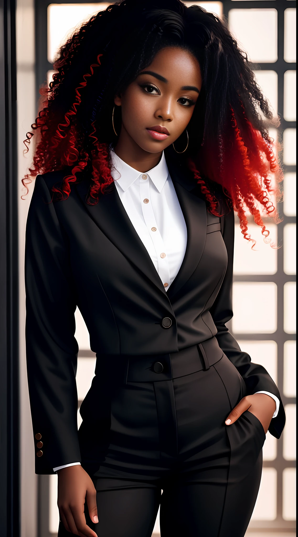 Best quality, masterpiece, high resolution, 1 young black woman, dressed in black choir pants and jacket,red blouse,white hair,((Curly hair:1.1)), beautiful face, physical, Tyndall effect, realistic, dark studio, rim lighting, duotone lighting, (high detail skin: 1.2), 8k uhd, DSLR, soft light, high quality, volumetric light, stealth shot, photo, high resolution,  4k, 8k, bokeh