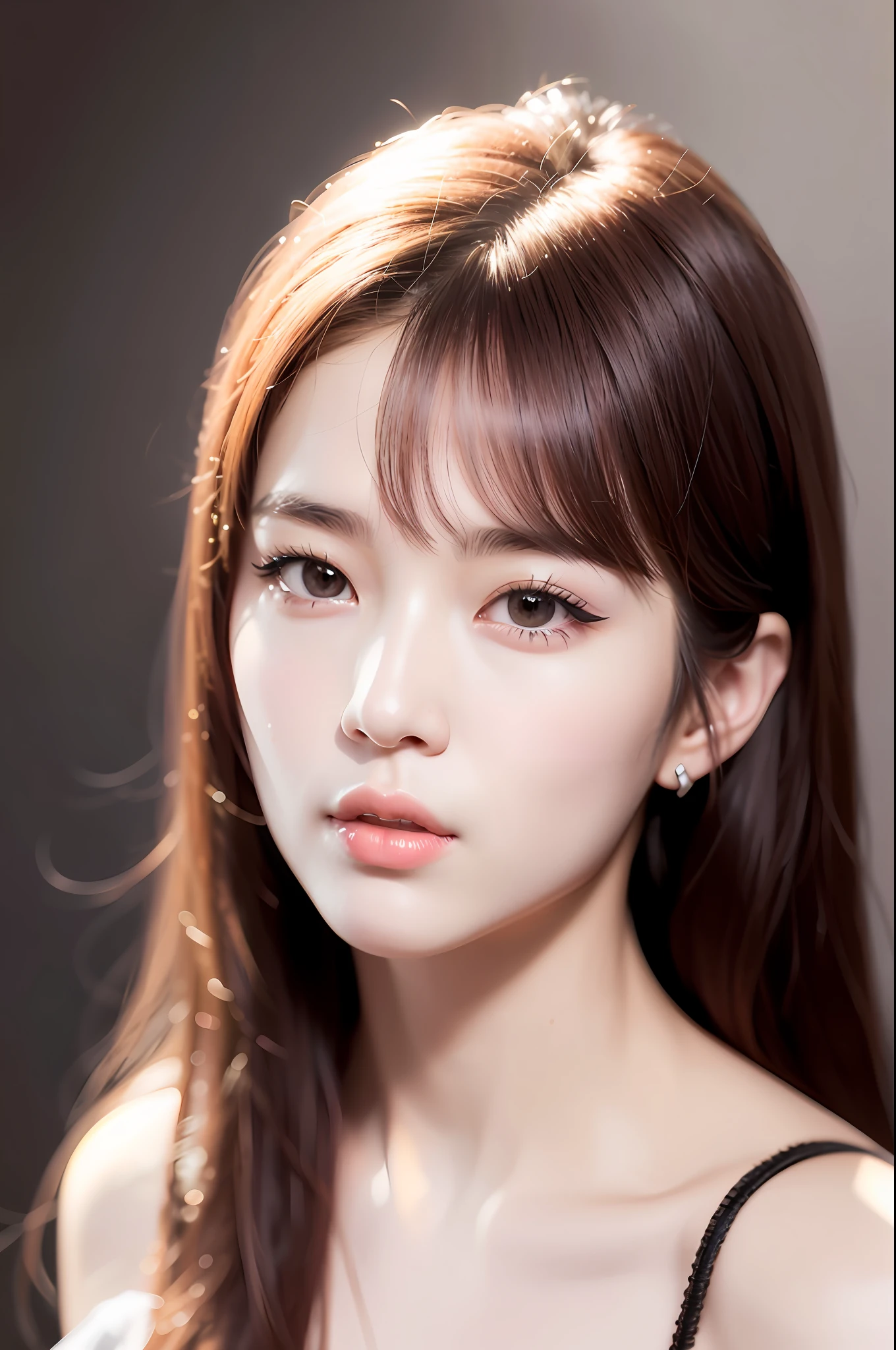 a close up of a woman with long hair wearing a black top, young adorable korean face, portrait of female korean idol, wan adorable korean face, cute korean actress, popular south korean makeup, popular korean makeup, lalisa manobal, korean face features, jinyoung shin, portrait of kpop idol, beautiful young korean woman, beautiful round face