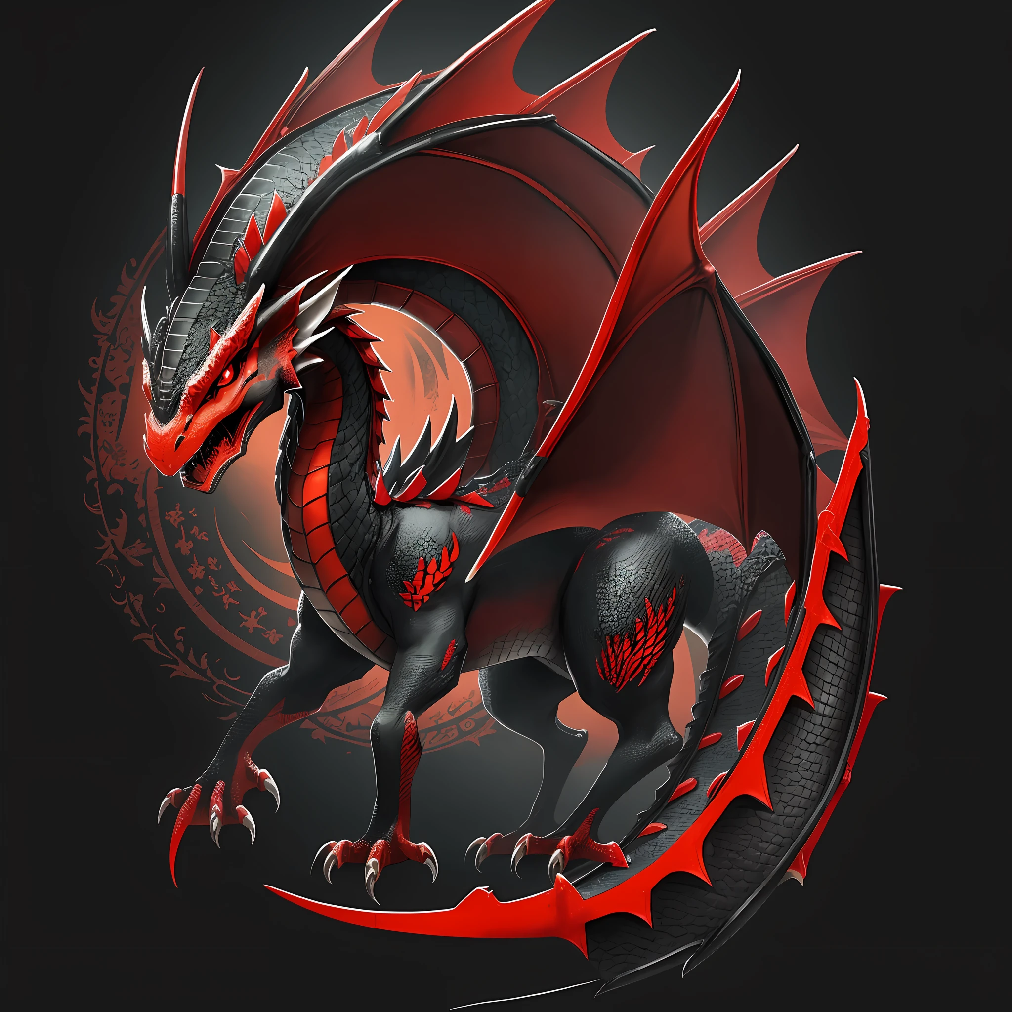 Dragon animal with black and red scales, with a bright red mark on its head