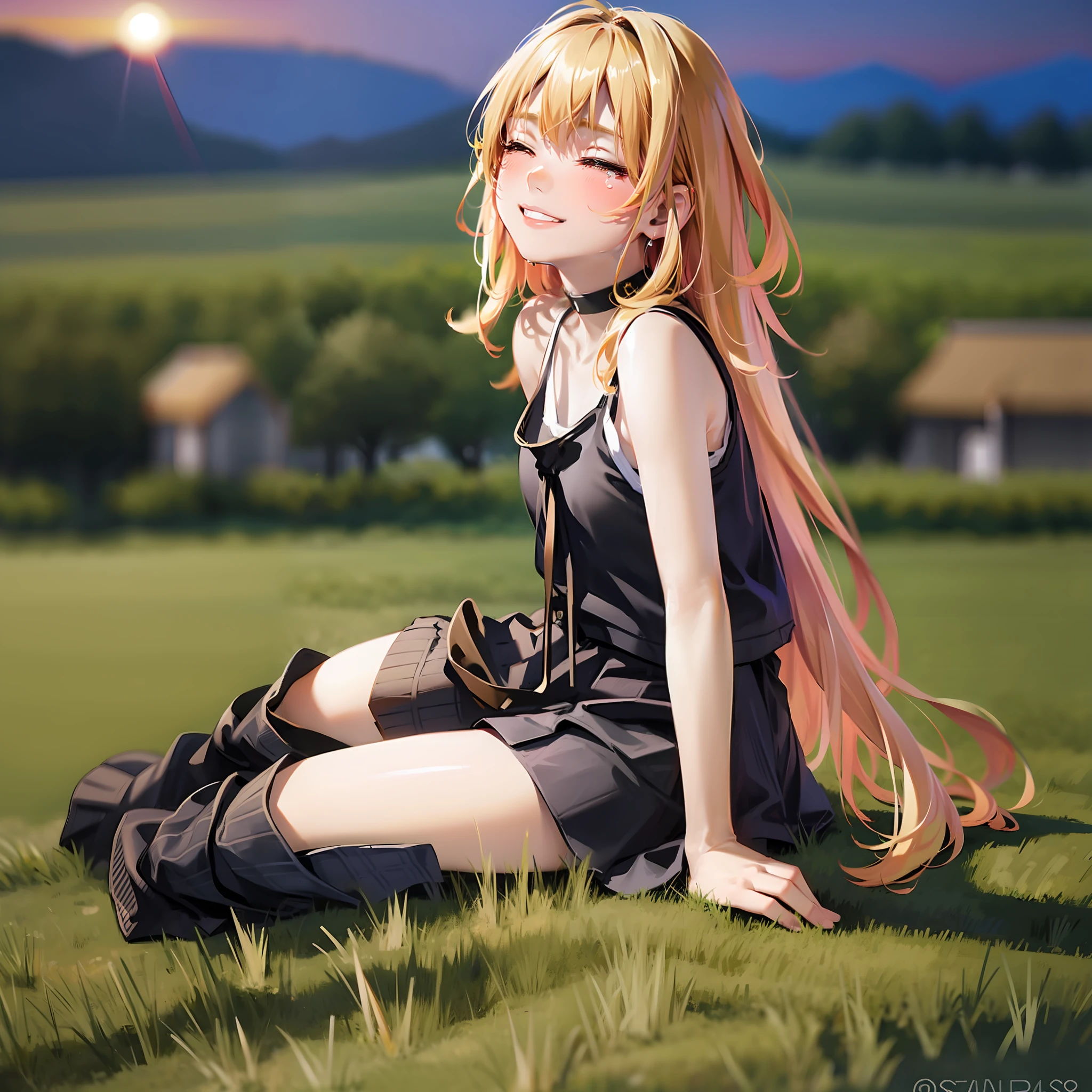 Top Quality, Best Masterpiece, 1 Woman, Solo, 20 Years Old, (Close Eyes: 1.4), Open Mouth, (sad smile crying: 1.4), (from side: 1.3), (Looking away: 1.4) Slender and shiny body, , Straight hair, yellow (hair fastening), Tank top with red lines on black, checked skirt, black boots, blush, evening, lots of rice fields, big sunset, sitting on the meadow, choker, full body