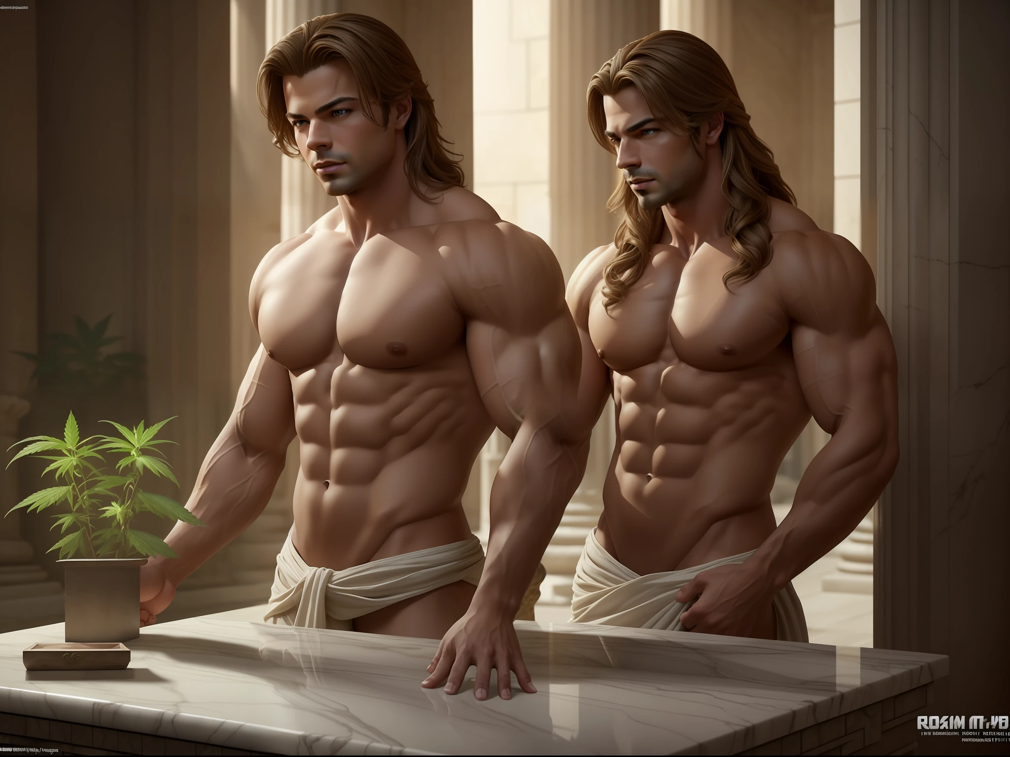 Solo, Fantasy mythological young musclegod, (super buff and cool), with chestnut hair that flows like a stallion's mane, Adorable, boyishly handsome face (((Joey Lawrence as Joey Russo)) in a temple, seductive homoerotic teasing (marble, greek key, cannabis plants, centaurs)(white cloth), (volumetric light), extremely detailed, amazing, fine detail, very intense action, hyper realistic lifelike texture, flawless anatomy, unrealengine, best quality, 8k uhd, masterpiece in the style of John Singer Sargent