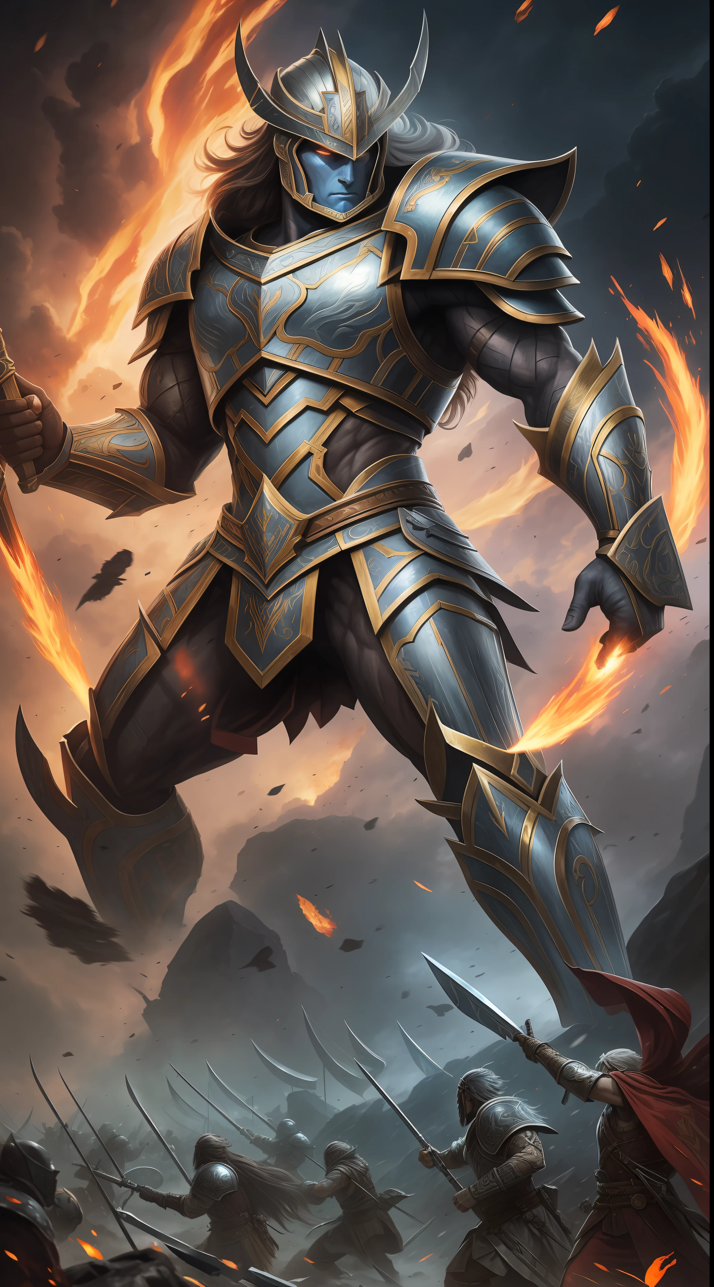 Witness the Legendary Sentinel, an unmatched warrior radiating bravery and strength. Adorned in intricately engraved armor, they command admiration and reverence. With a towering presence, they exude an aura of unwavering determination. Their fierce eyes penetrate the darkest recesses. A colossal blade, etched with ancient runes, rests upon their broad shoulder, a testament to their exceptional combat prowess. Battle scars narrate tales of triumphs and near-fatal clashes. In their wake, vanquished foes attest to their unyielding spirit. The battlefield, strewn with chaos, mirrors the intensity of their conflicts. Alongside, loyal allies stand united, ready to fight alongside their revered leader. Their charge shakes the ground, while their war cry resounds. Legends materialize through their valor, etching their name in history's annals. **Oil painting with vivid colors and realistic style. Inspired by Greg Rutkowski's artworks.**, 16k, anatomically correct, high details, masterpiece, UHD --auto --s2