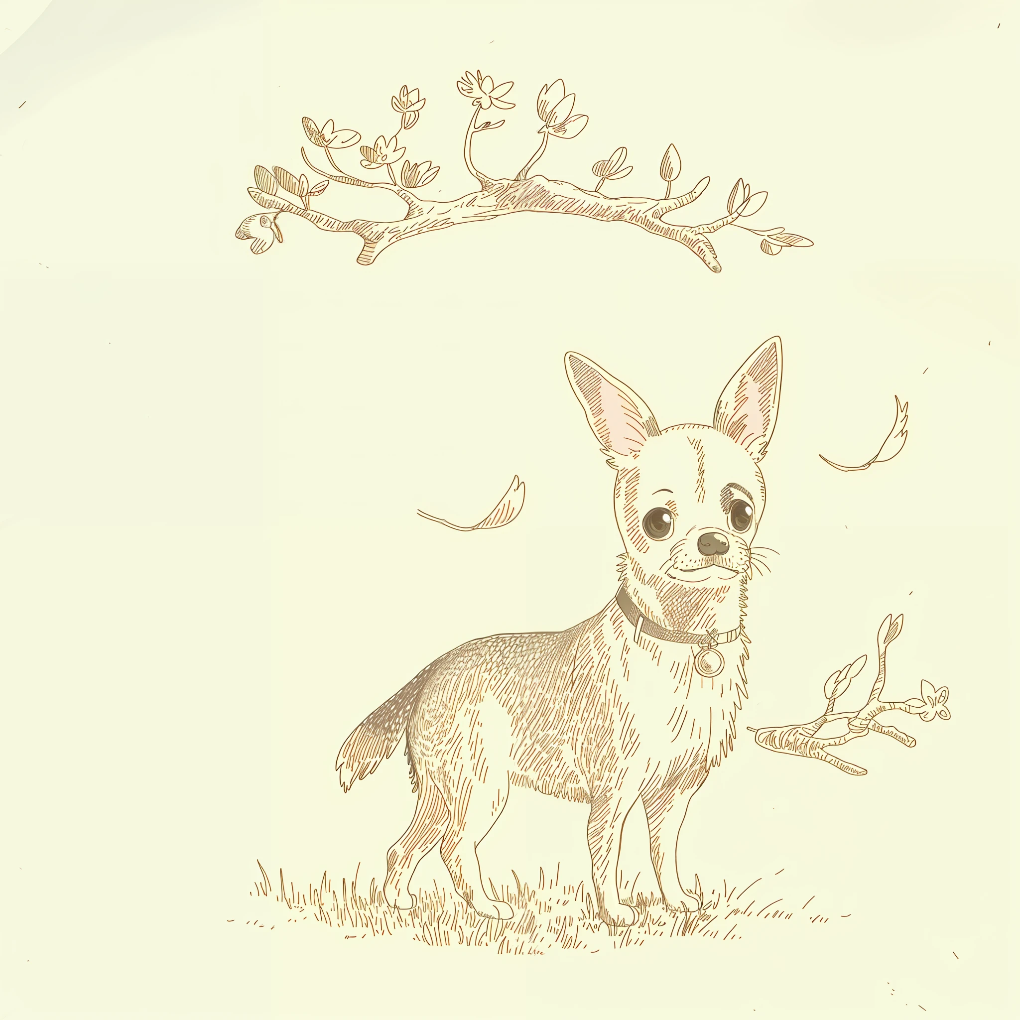 1 cute chihuahua dog, forest with trees and flowers, (masterpiece, best quality: 1.1), (sketch: 1.1), paper,