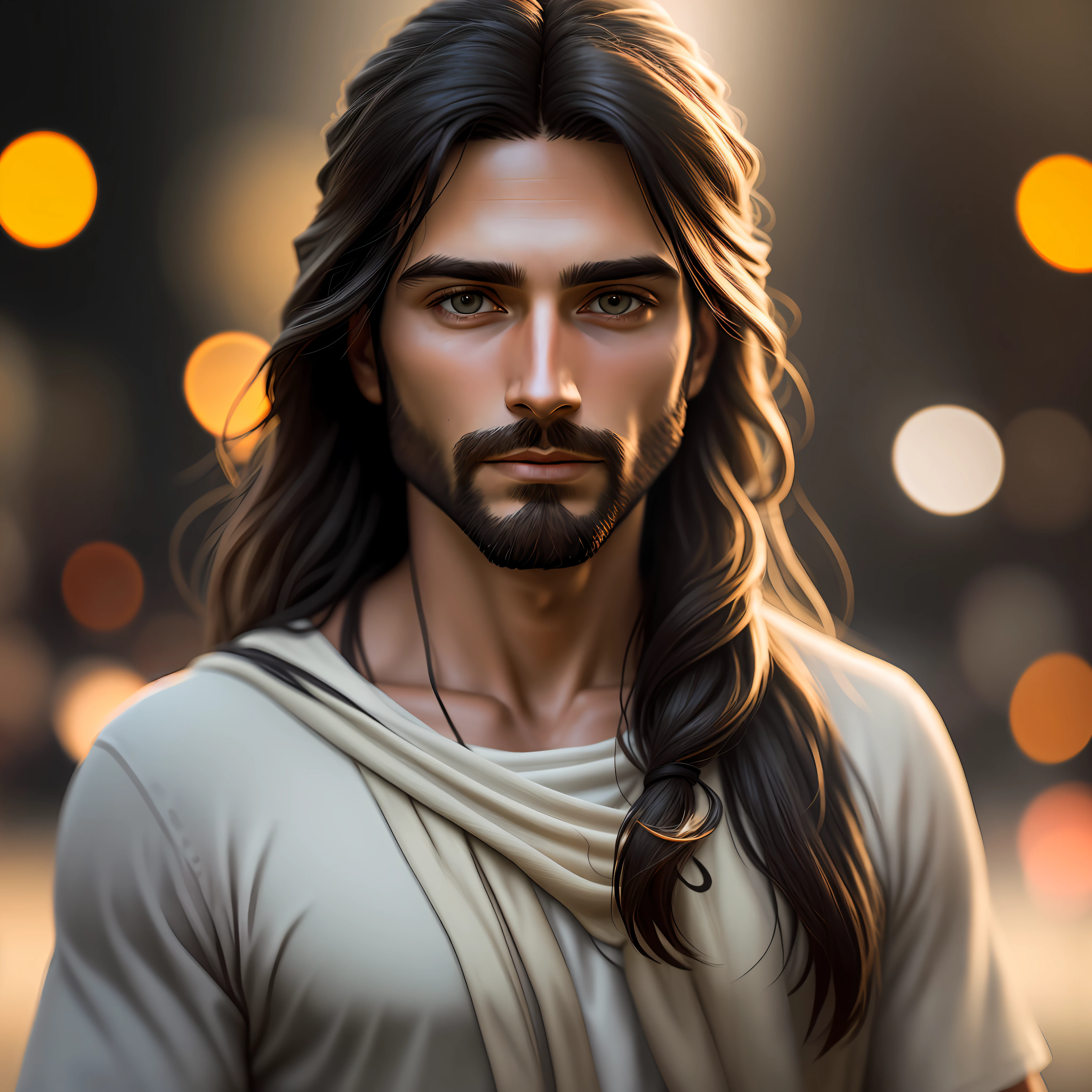 portrait of modern day Jesus, cinematic lighting, depth of field, bokeh, realism, photorealistic, hyperrealism, professional photography, uhd, dslr, hdr