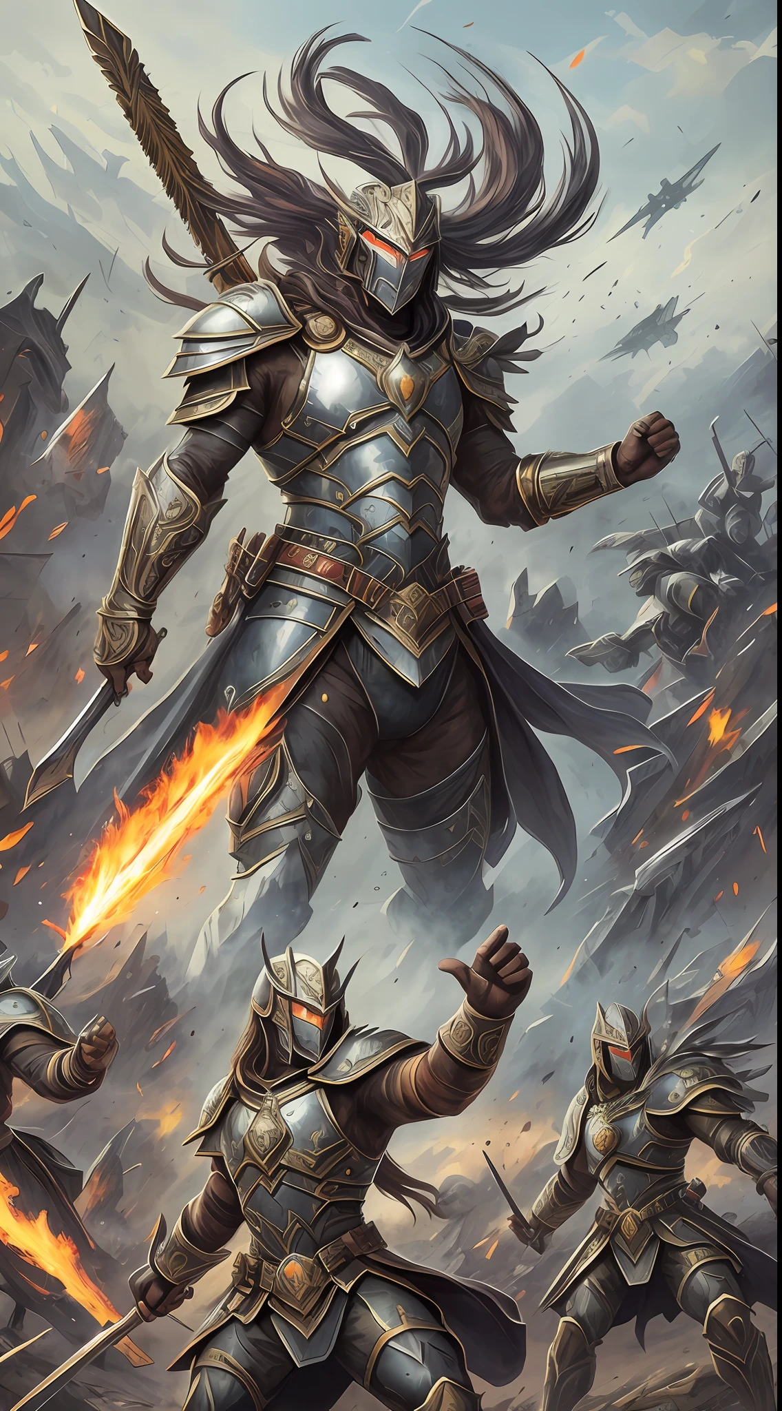 Witness the Legendary Sentinel, an unmatched warrior radiating bravery and strength. Adorned in intricately engraved armor, they command admiration and reverence. With a towering presence, they exude an aura of unwavering determination. Their fierce eyes penetrate the darkest recesses. A colossal blade, etched with ancient runes, rests upon their broad shoulder, a testament to their exceptional combat prowess. Battle scars narrate tales of triumphs and near-fatal clashes. In their wake, vanquished foes attest to their unyielding spirit. The battlefield, strewn with chaos, mirrors the intensity of their conflicts. Alongside, loyal allies stand united, ready to fight alongside their revered leader. Their charge shakes the ground, while their war cry resounds. Legends materialize through their valor, etching their name in history's annals. **Oil painting with vivid colors and realistic style. Inspired by Greg Rutkowski's artworks.**, high detail, Art Deco, drop shadow, 16k, anatomically correct, high details, masterpiece, UHD --auto --s2