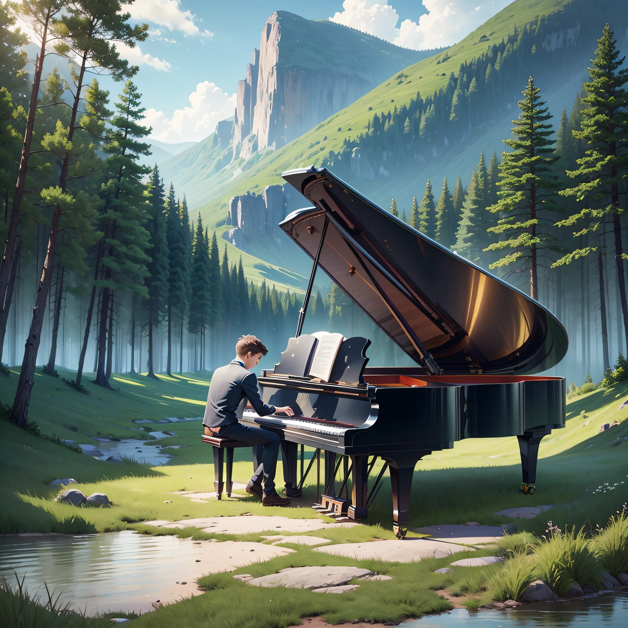 Generate an image of a young man playing the piano in the distance in a fantastic and beautiful landscape, with a wealth of detail and lots of nature --auto --s2