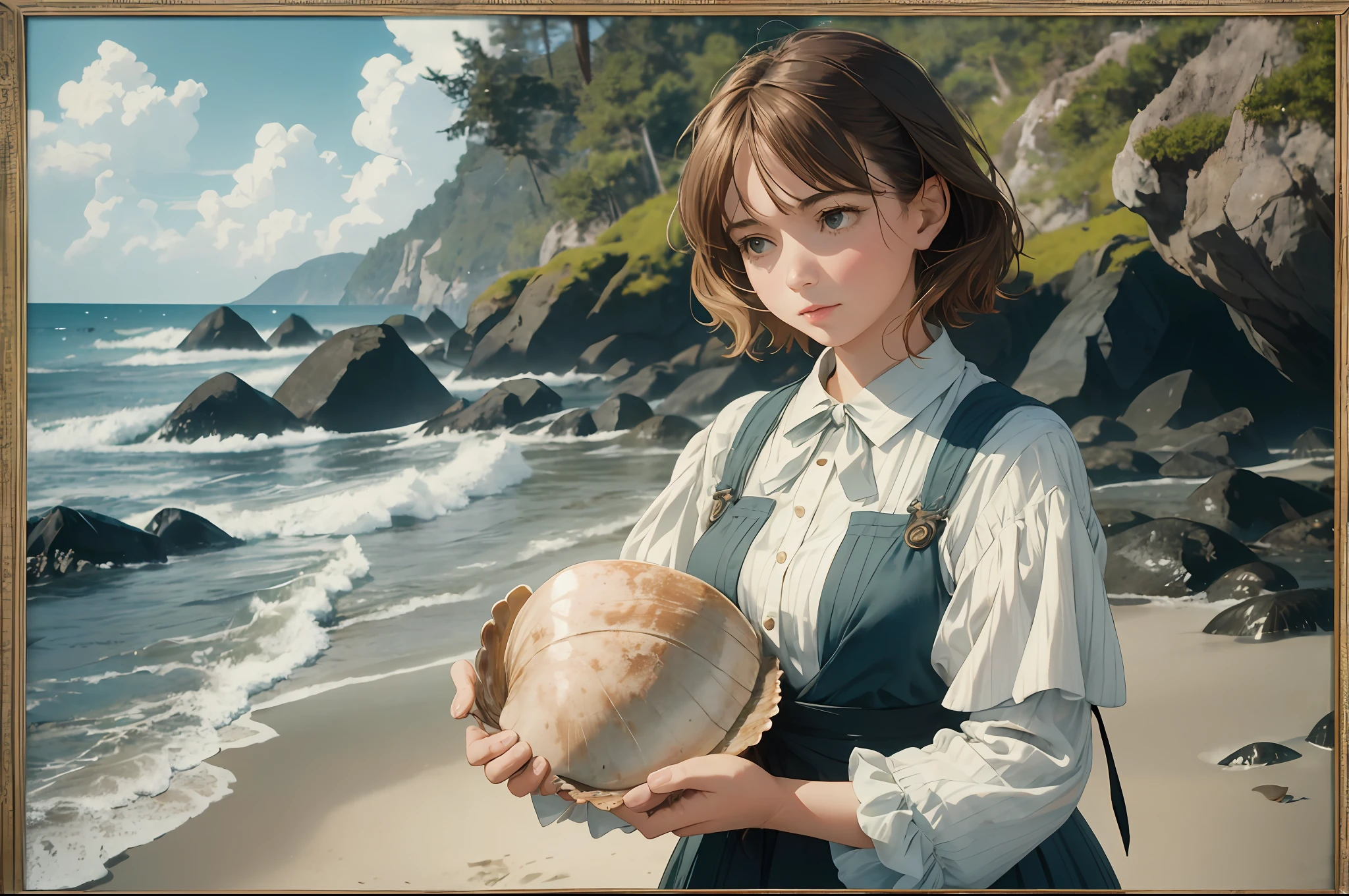A realistic color photography of a Woman grabbing 2 big Sea Shells in her hands. Vintage, Film Grain of frame --auto --s2
