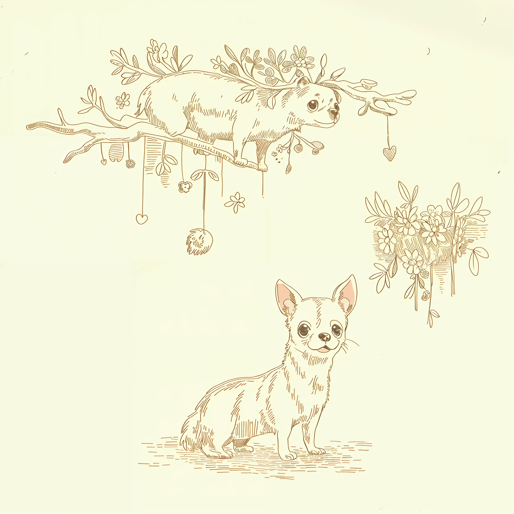 1 cute chihuahua dog, forest with trees and flowers, (masterpiece, best quality: 1.1), (sketch: 1.1), paper,