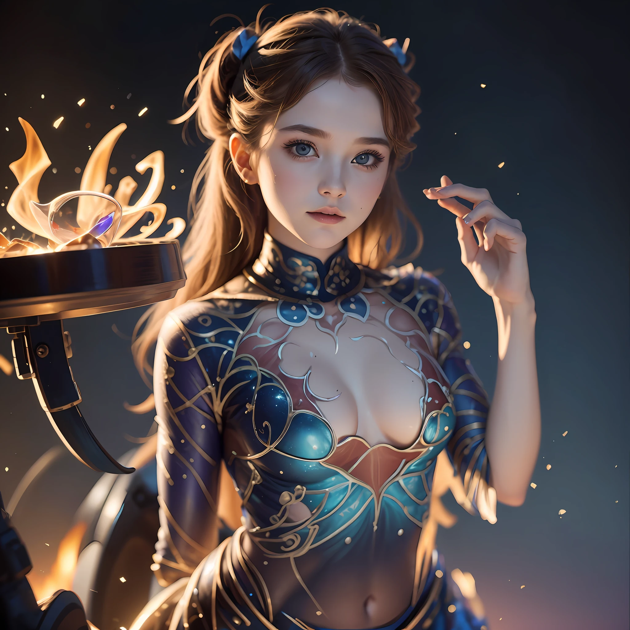For the first prompt, envision a Halloween party scene featuring a woman who bears a striking resemblance to Sadie Sink. She is dressed in a Girl Scout uniform, but with a twist - her outfit is adorned with body paint that mimics the stars and stripes of the American flag. The style of the image should be hyper-realistic, with a high level of detail that brings out the intricate design of the body paint and the texture of the uniform. The lighting should be atmospheric, perhaps with the warm glow of a bonfire illuminating the scene. The colours should be vibrant, with the red, white, and blue of the body paint standing out against the darker background. The composition of the shot should be a full body portrait, taken with a high-resolution 16k camera. The shot should be framed in a 16:9 aspect ratio, with the subject positioned centrally in the frame. The lens should be a high-quality model capable of capturing the fine details of the scene, such as a 50mm prime lens. The image should be shot in raw format to preserve the maximum amount of detail. --auto --s2