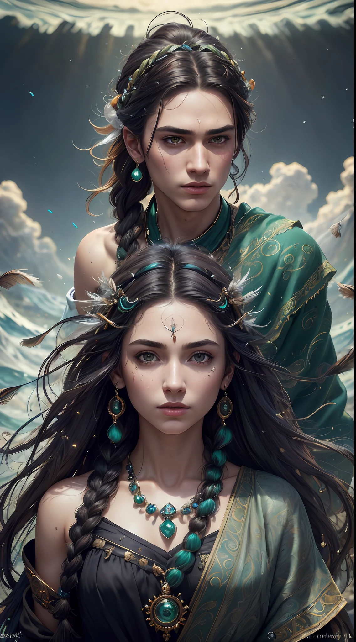 Couple (((male)), fashion shoot, (full portrait), (half), solo, detailed background, detailed face, (stonepunkAI, stone theme:1.1), wise, (beautiful hair, braid: 0.2), shaman, septum harsh, mysterious, (gorgeous face), stunning, head tilted up, (calm expression), calm, intimate interaction, sea bubble green worn clothes, rosary, Tribal ornaments, feathers in hair, headdress: 0.33, emerald, obsidian, detailed clothes, realistic skin texture, (floating particles, water swirls, embers, rituals, whirlwinds, wind: 1.2), clear focus, volumetric lighting, good highlights, good shadows, subsurface scattering, complex, highly detailed, ((film)), dramatic, (highest quality, award-winning, masterpiece: 1.5), (realism: 1.5),