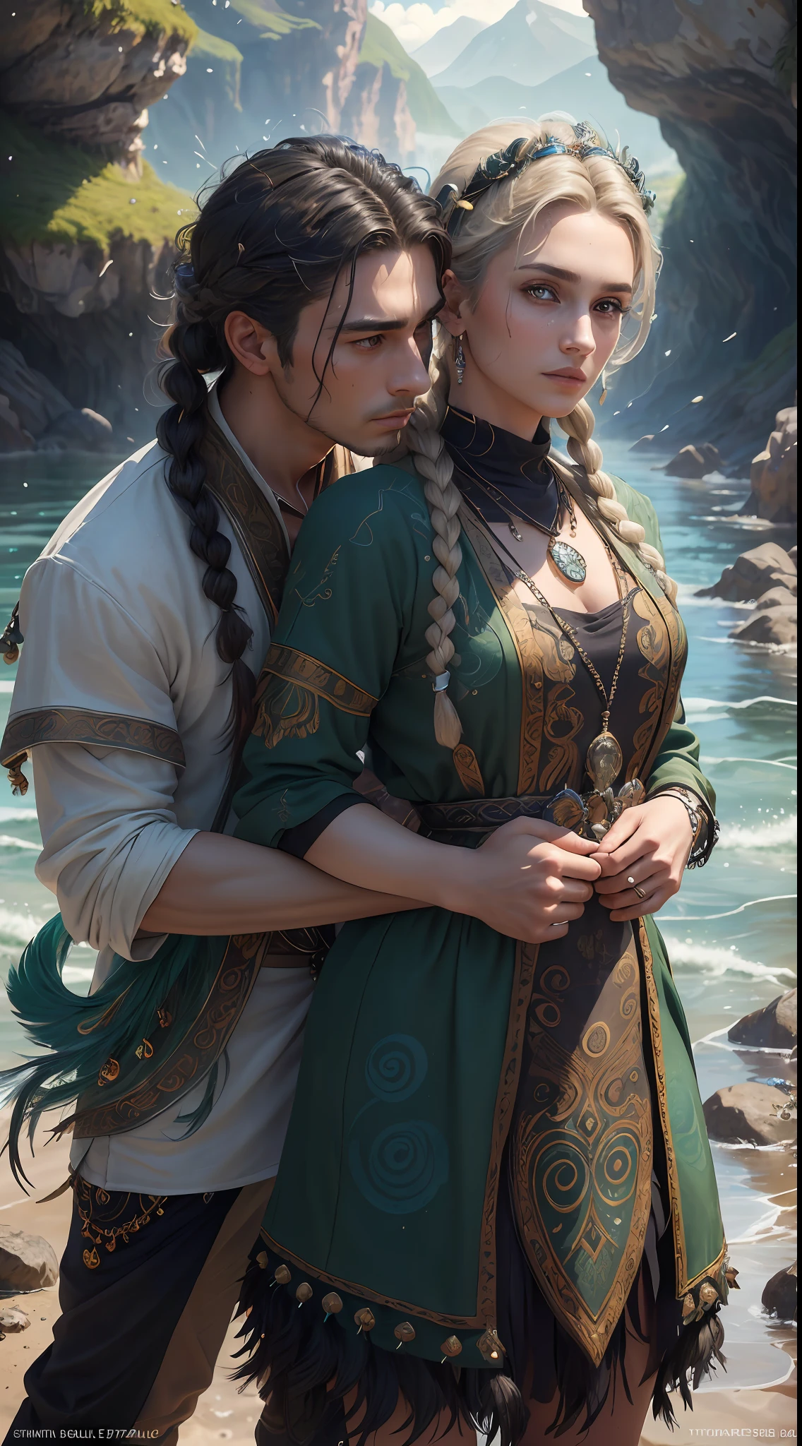 Couple (((male)), fashion shoot, (full portrait), (half), solo, detailed background, detailed face, (stonepunkAI, stone theme:1.1), wise, (beautiful hair, braid: 0.2), shaman, septum harsh, mysterious, (gorgeous face), stunning, head tilted up, (calm expression), calm, intimate interaction, sea bubble green worn clothes, rosary, Tribal ornaments, feathers in hair, headdress: 0.33, emerald, obsidian, detailed clothes, realistic skin texture, (floating particles, water swirls, embers, rituals, whirlwinds, wind: 1.2), clear focus, volumetric lighting, good highlights, good shadows, subsurface scattering, complex, highly detailed, ((film)), dramatic, (highest quality, award-winning, masterpiece: 1.5), (realism: 1.5),