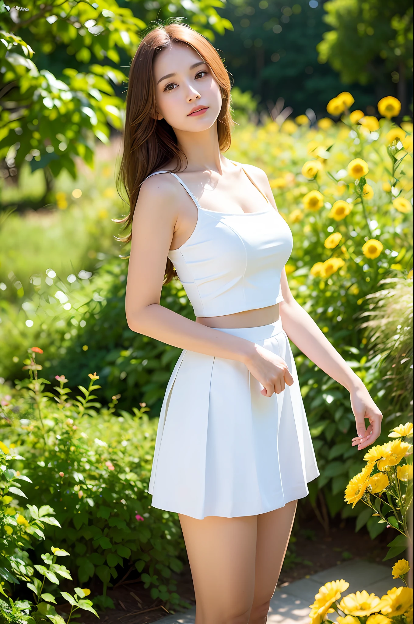 (Best quality, masterpiece: 1.2), portrait, breasts, outdoors, 25-year-old woman in the garden: 2, white miniskirt, (pale yellow flower mess in the background: 1.3) Same character, different costume, different angle, backlight: 1.5, real skin texture, rich skin detail: 1.5,