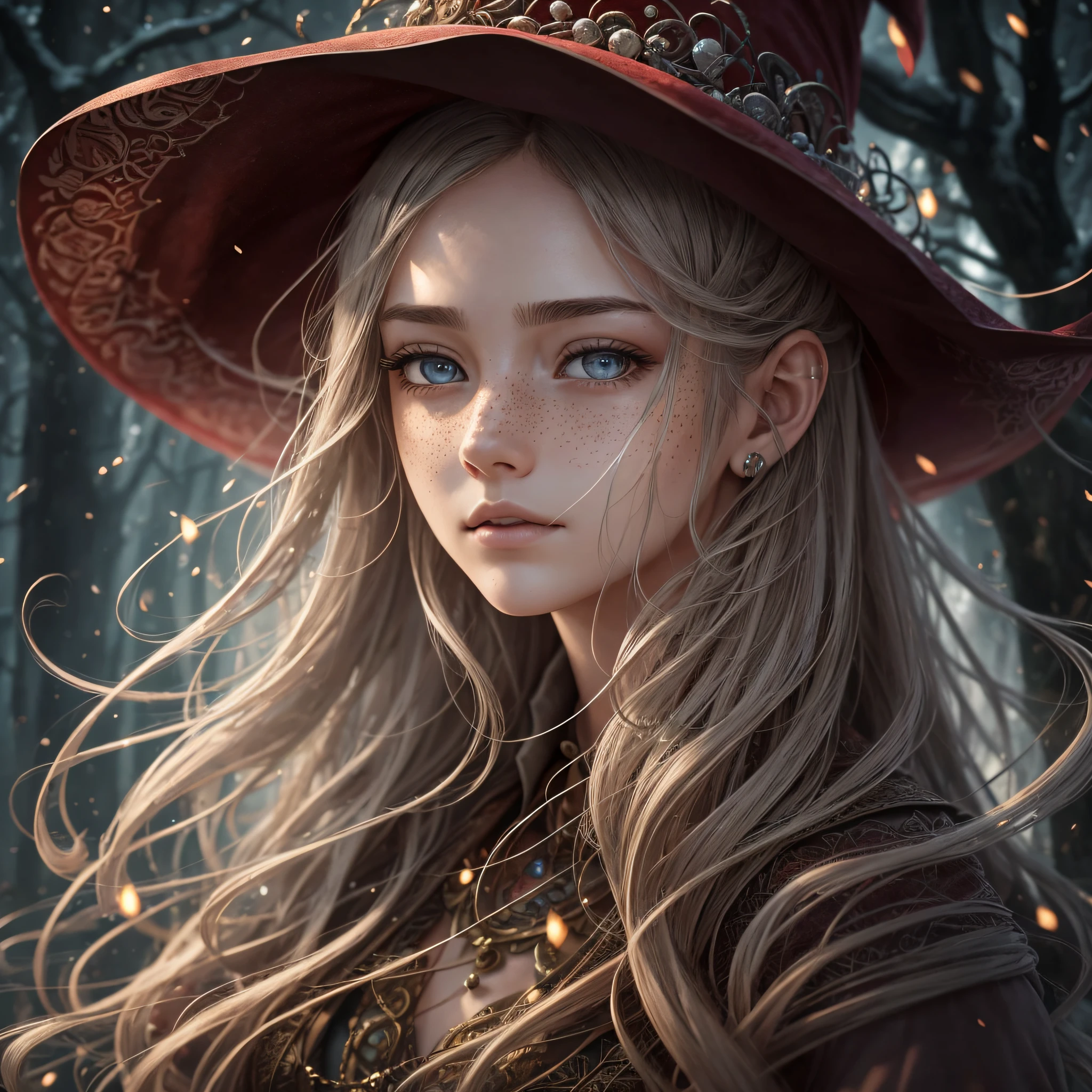 photorealistic, 35mm, intricate details, hdr, intricate details, hyperdetailed, natural skin texture, hyperrealism, sharp, 1 girl, adult (elven:0.7) woman, freckles, grey eyes, chestnut layered hair, portrait, looking down, solo, half shot, detailed background, witch hat, witch, magical atmosphere, hair flowing in the wind, red trimmed light colored clothes, whirlwind of swirling magic spell in the air, dark magic, (style-swirlmagic:0.8), floating particles, --auto --s2