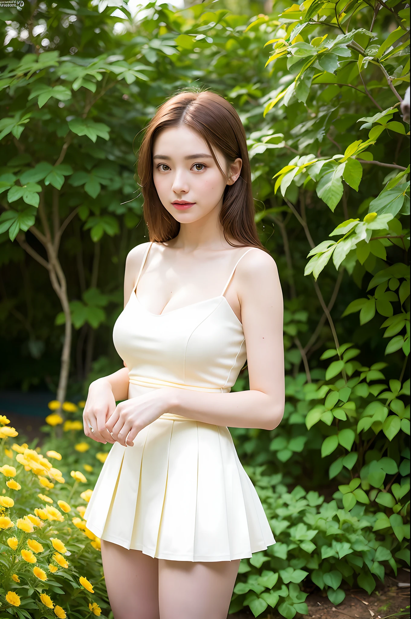 (Best quality, masterpiece: 1.2), portrait, breasts, outdoors, 25-year-old woman in the garden: 2, white miniskirt, (pale yellow flower mess in the background: 1.3) Same character, different costume, different angle, backlight: 1.5, real skin texture, rich skin detail: 1.5,