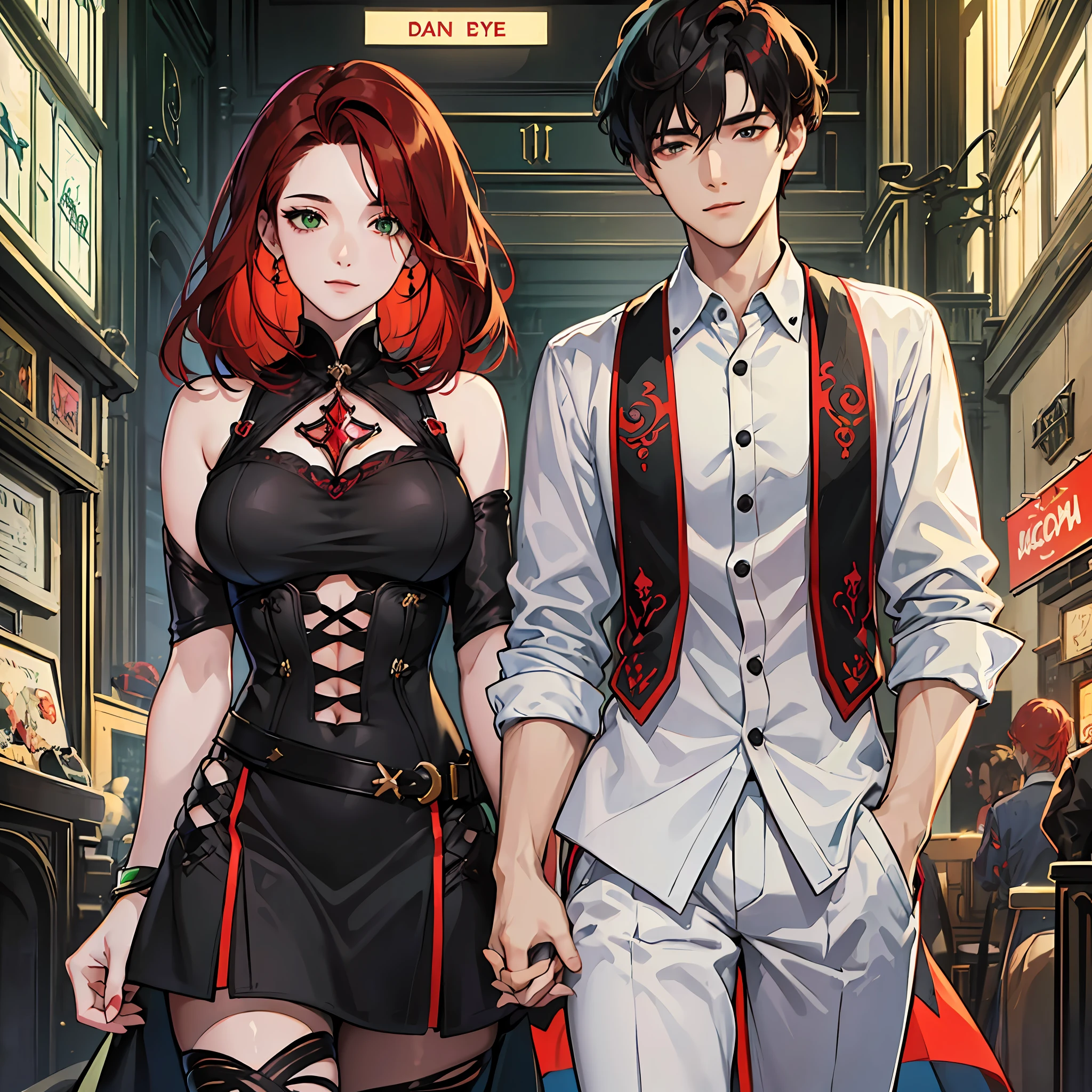 girl, boy, straight couple, man, woman, two people, short haired boy, red and long haired girl, green eye girl, dark eye boy, icon, red hair, black hair, light smile, , bloom, cinematic lighting, high quality, illustration, (((cartoon style: 1))), (western cartoon), manhwa, manhwa --auto --s2