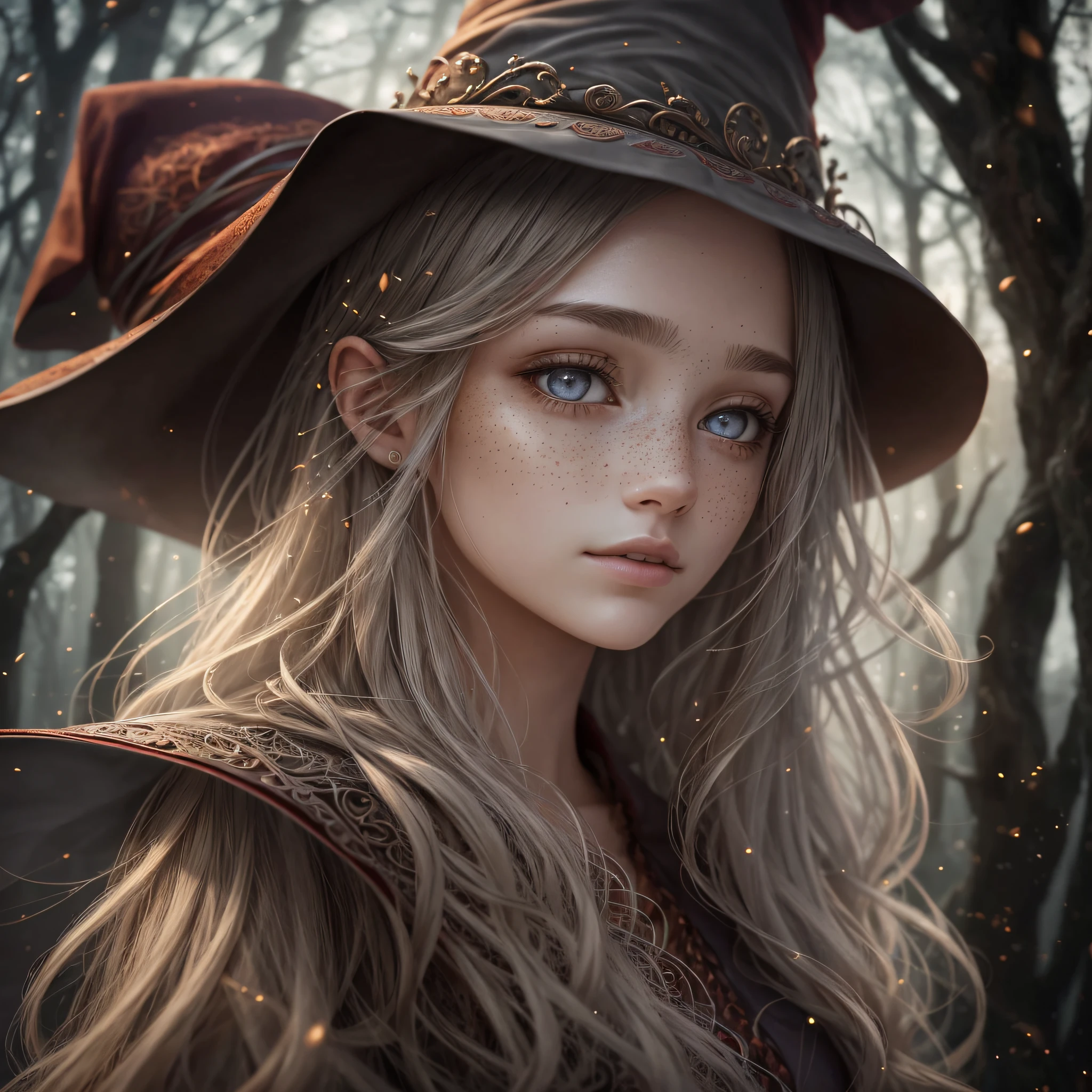 photorealistic, 35mm, intricate details, hdr, intricate details, hyperdetailed, natural skin texture, hyperrealism, sharp, 1 girl, adult (elven:0.7) woman, freckles, grey eyes, chestnut layered hair, portrait, looking down, solo, half shot, detailed background, witch hat, witch, magical atmosphere, hair flowing in the wind, red trimmed light colored clothes, whirlwind of swirling magic spell in the air, dark magic, (style-swirlmagic:0.8), floating particles, --auto --s2