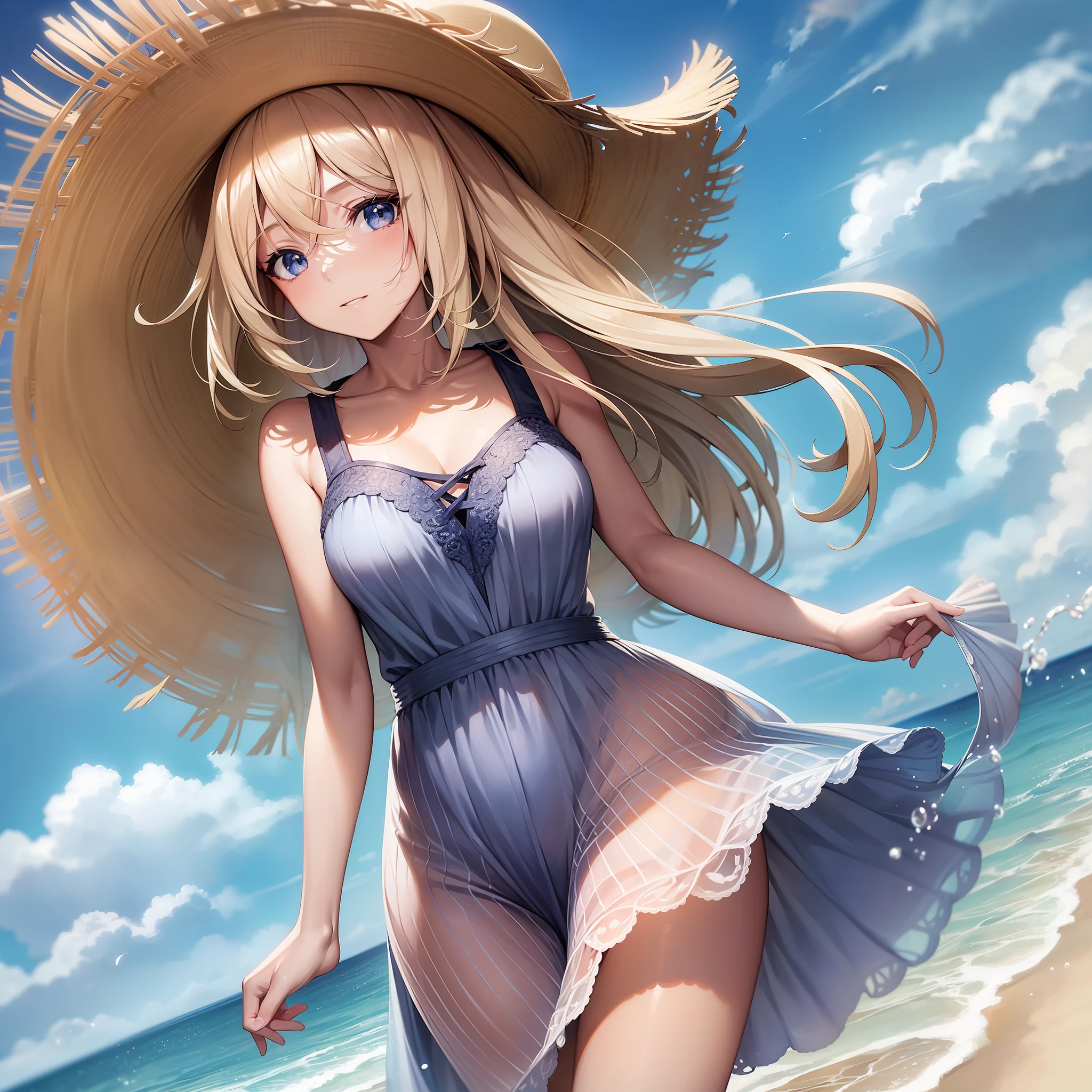(Masterpiece) 8K resolution, very beautiful girl strolling on a popular beach, holding a straw hat that is about to fly in the wind, platinum blonde bob hair, hazel eyes, blue eyes, dress, anime style, model style,