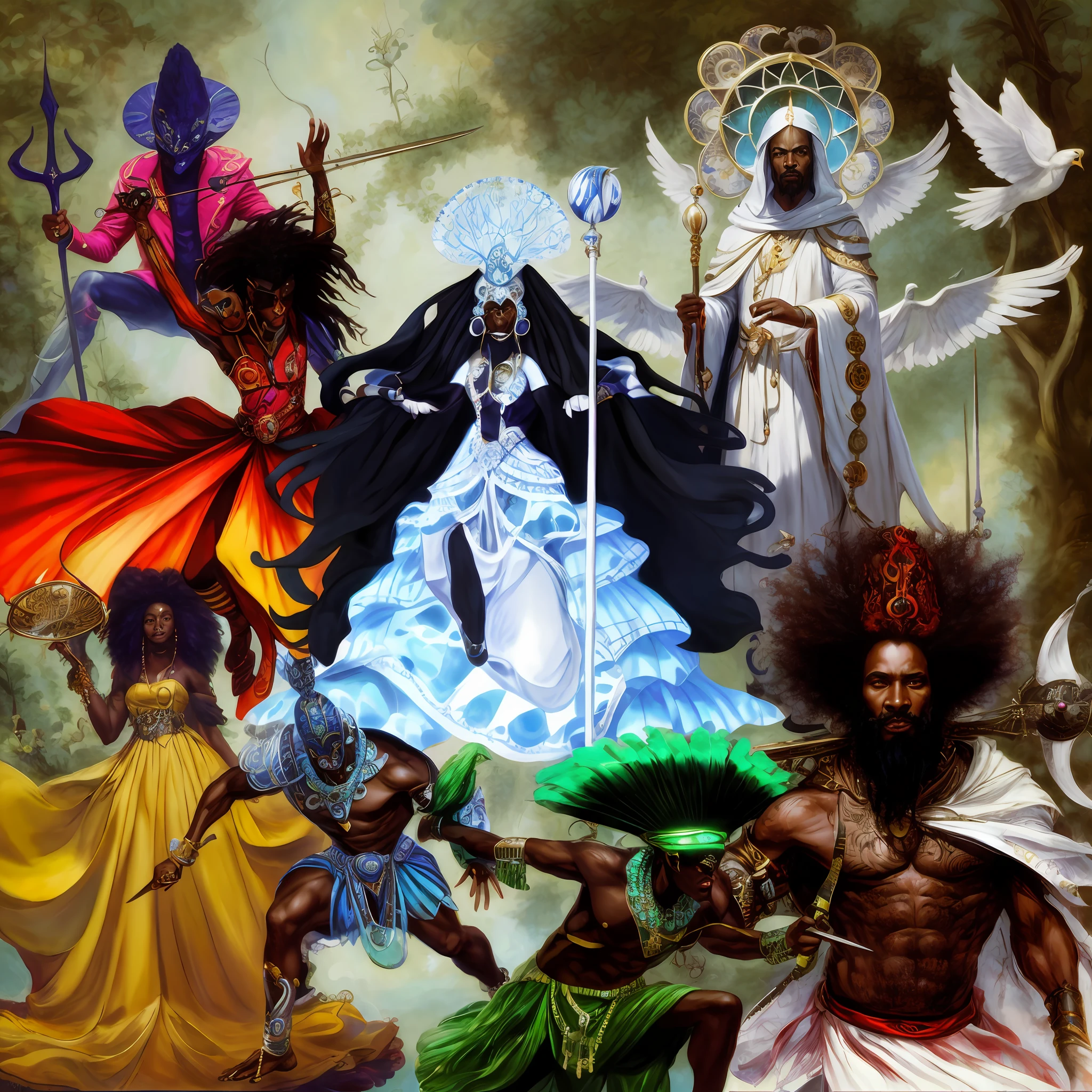 There are many different types of people dressed in costumes, Afrocentric mysticism, African mythology, Afrofuturism, Afrofuturism, Kemetic, African cyberpunk wizards, Kemetic symbolism, Afrofuturist, Afrofuturism style, dark fantasy esoteric, pagans, anime afrofuturism, fanart, album art, album cover art, black jesus drawn in brian froud style, by Wendy Froud, inspired by Wendy Froud, inspired by Brian and Wendy Froud,  Brian Froud