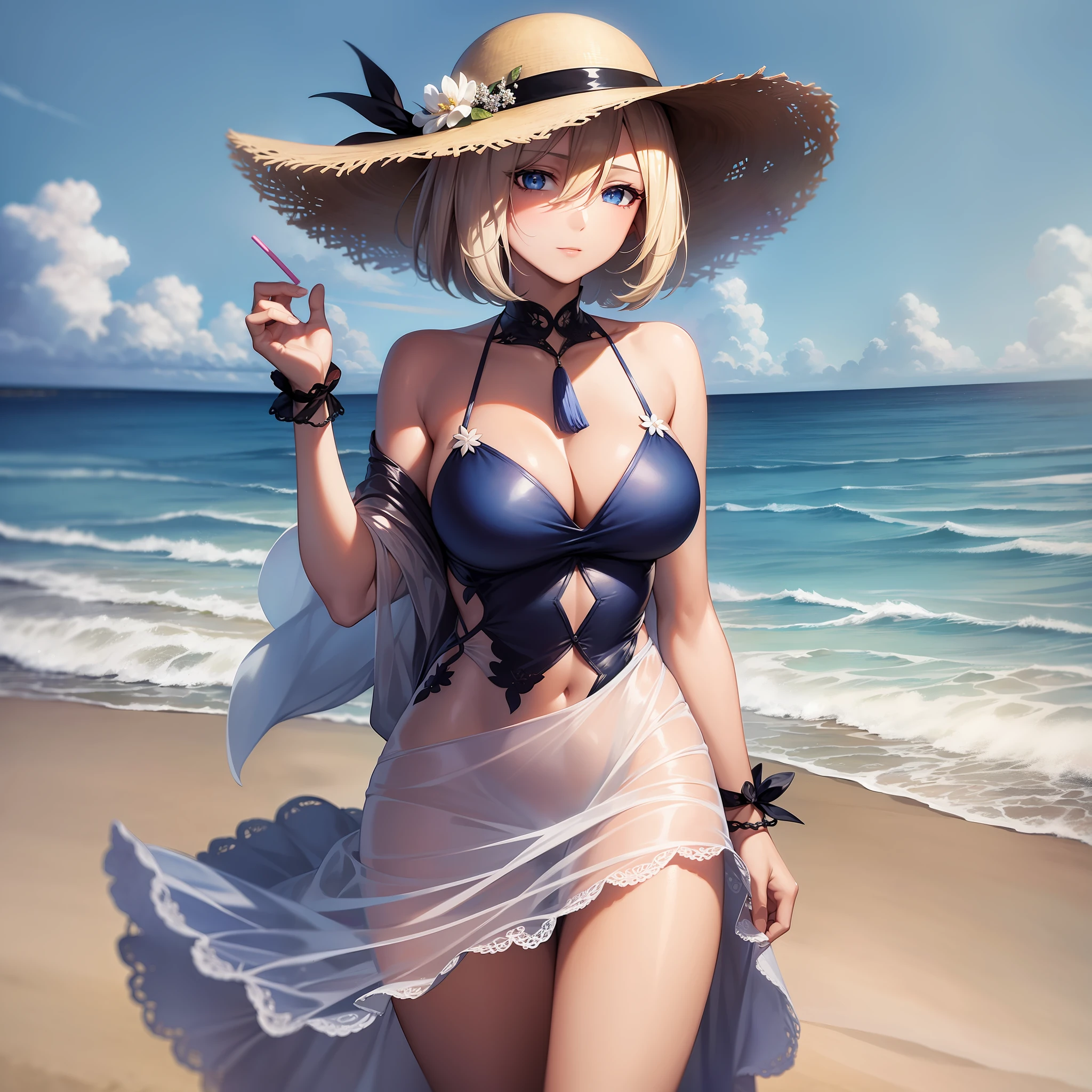 (Masterpiece) 8K resolution, very beautiful girl strolling on a popular beach, holding a straw hat that is about to fly in the wind, platinum blonde bob hair, hazel eyes, blue eyes, dress, anime style, model style,