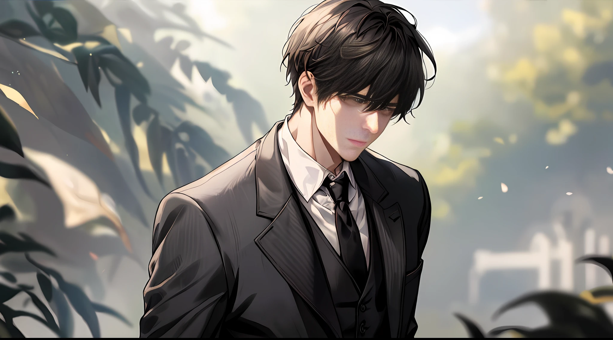 1boy, face focus, adult, shabby clothes, pants, best quality, black suit, jacket, white shirt, tie, pants, farm, detail background, diffuse sunlight, depth of field, background blur, hand pocket, (delicate face: 1.3), handsome