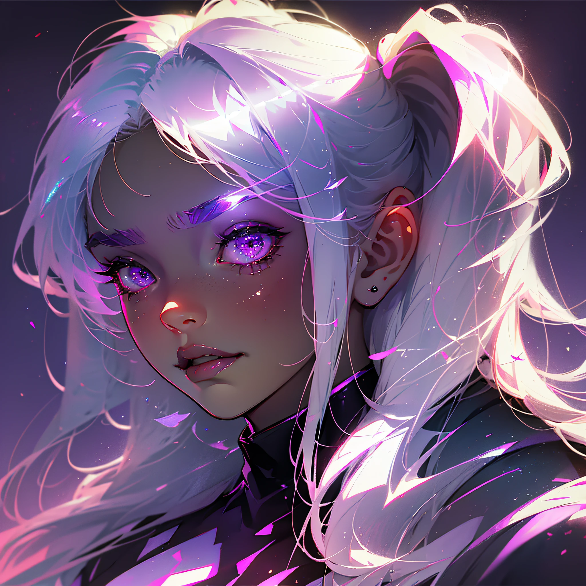 from side, 1girl, white hair, purple eyes, glowing eyes, evil smile, (shaded face:1.2), --auto --s2
