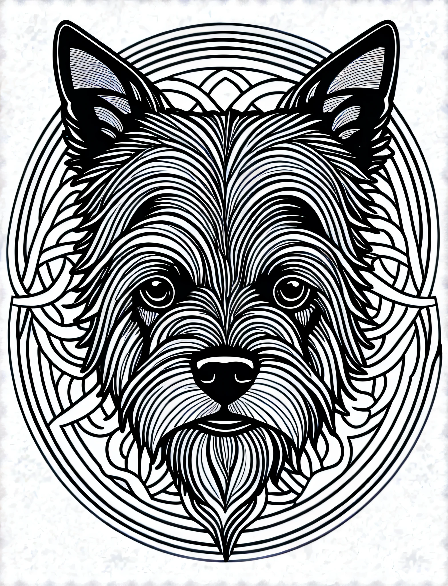 a dog style Cairn Terrier, fantasy, magical, mandala, happy, black and white, wavy lines equal, realistic line art drawing, coloring book page, no noise, sharp thick lines, contour art, centered image, isolated on a white background