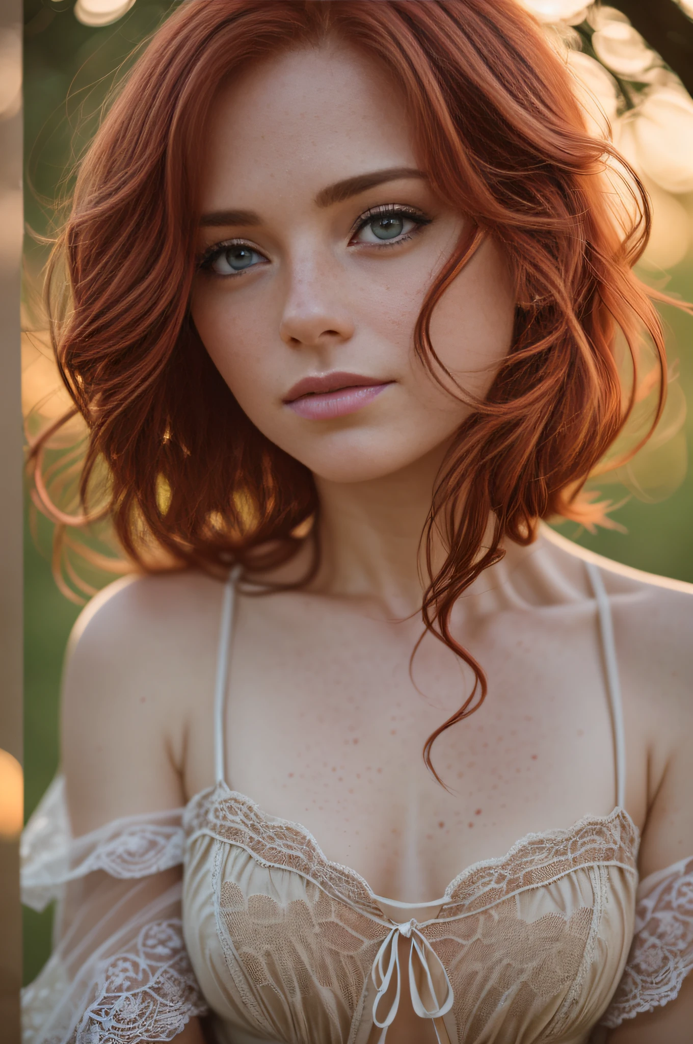 (8k, RAW photo, highest quality) depth of field, bokeh, 8K, HDR, cinematic rendering, a portrait of a 36-year-old redhead, framing from the navel, some small freckles, dressed in a ragged nightie, straps dropped, peeled off, leaning against a tree in the wilderness, goosebumps, cinematic, faded colors, dark shot,  muted colors, grainy film, read, crazy details, intricate details, hyperdetailed, sunset, shyness, seduction, romance, looks at the camera lens lovingly, no visible hand