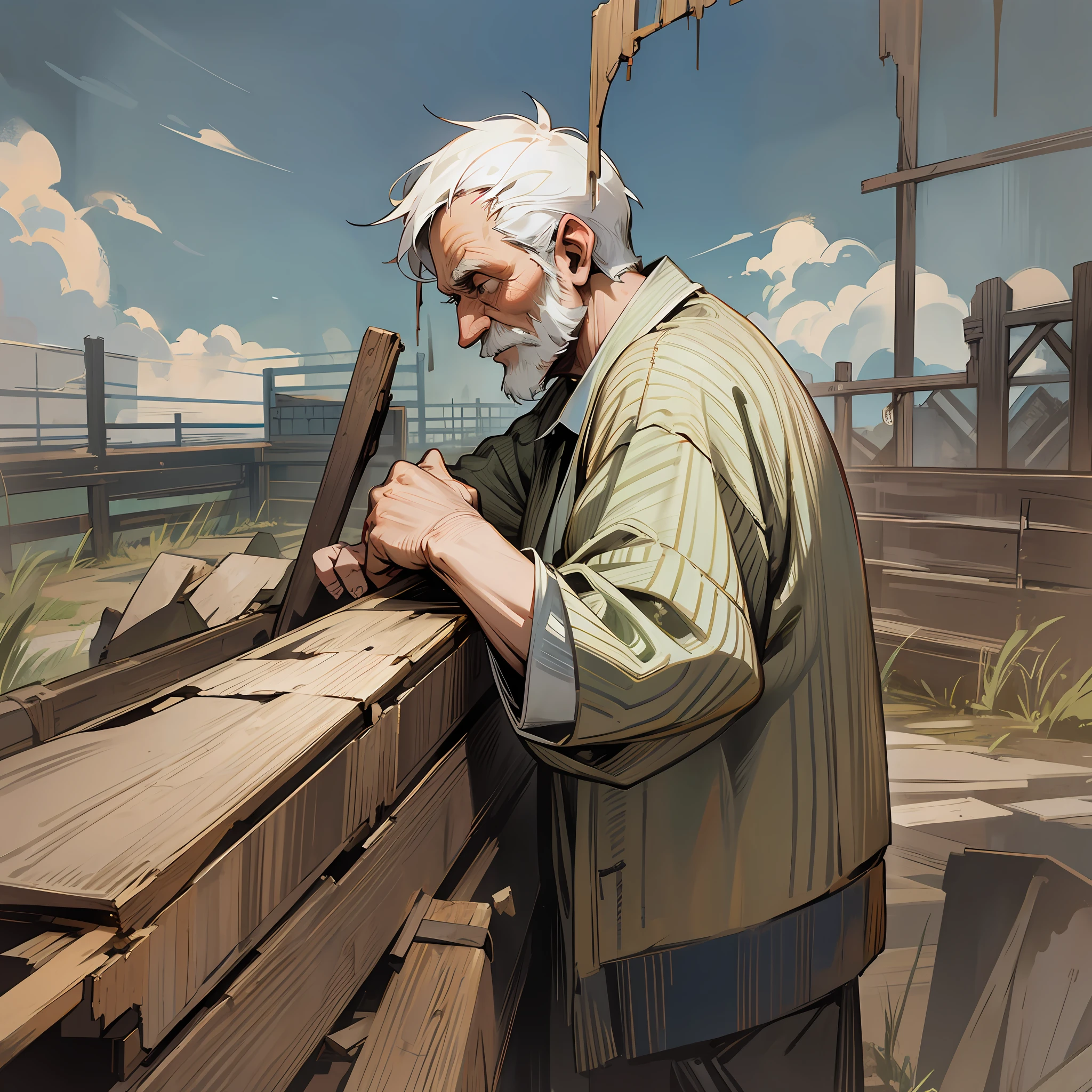 Old and crumbling fence. An old man received them. --auto --s2