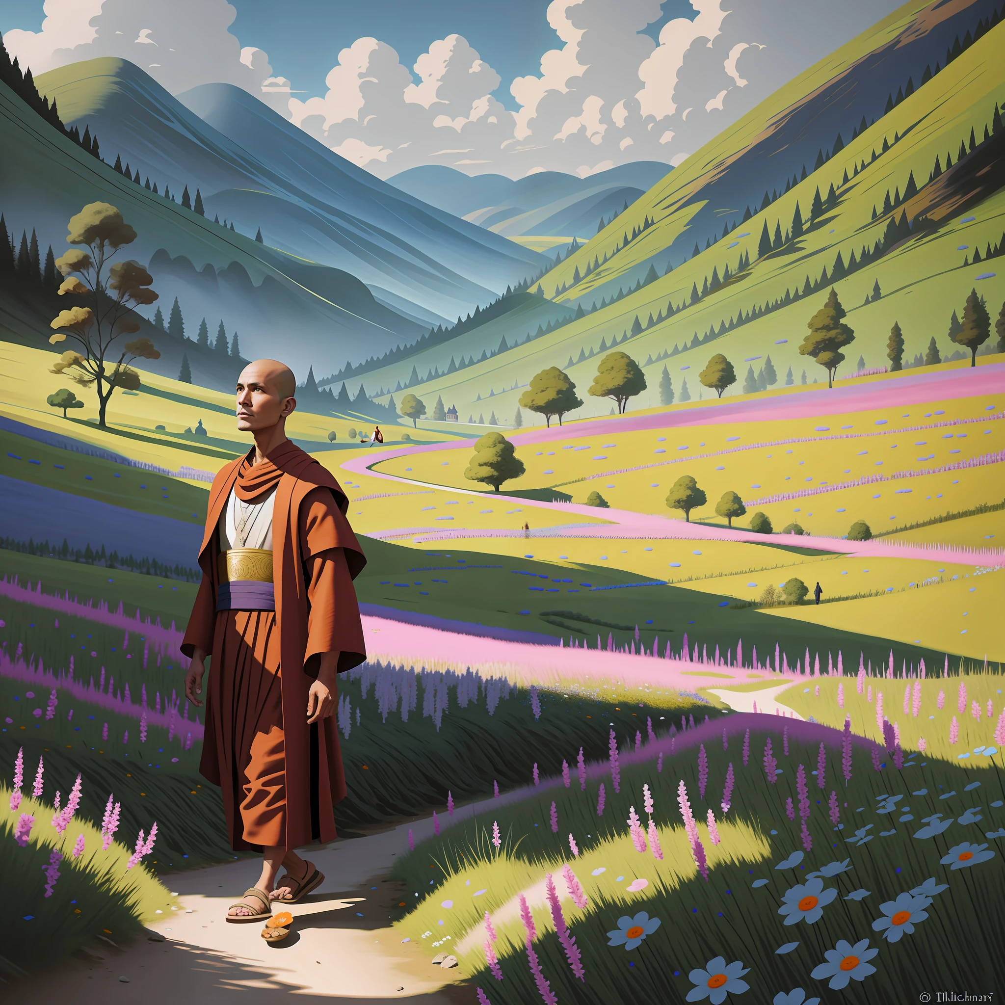 painting of a monk walking down a path in a field of flowers, silvain sarrailh, concept art of a monk, by Alexander Kucharsky, inspired by Johannes Helgeson, inspired by Brothers Hildebrandt, inspired by the Brothers Hildebrandt, ross tran and michael whelan, in a mountain valley, inspired by Tim Hildebrandt