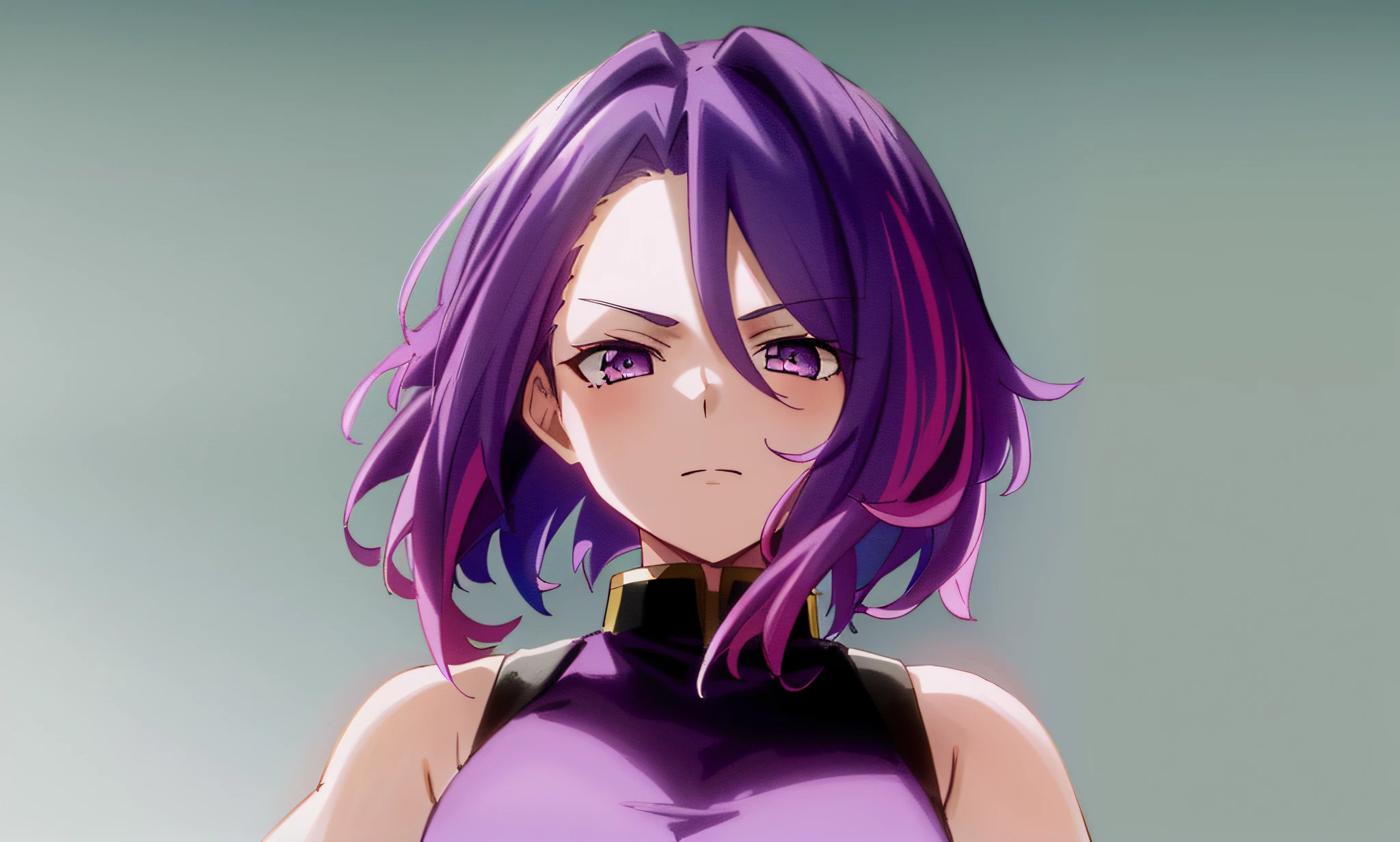 scan, (extremely detailed CG unit 8k wallpaper: 1.1), highres, (1girl), lady nagant, boku no hero academia, (short hair), (purple hair), (multicolored hair), (purple eyes), serious, arms at sides, straight pose, black dress, sleeveless, breasts,