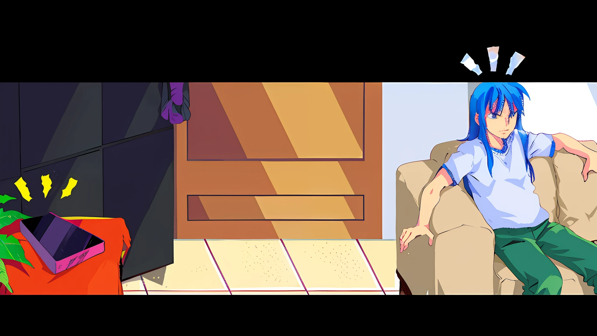 A man sitting on a sofa, art anime, improve quality, serious, jacket