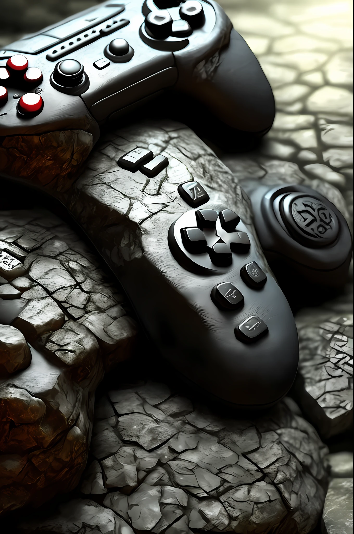 a video game controller,stone texture,dark fantasy art, mythology art, highly detailed dark art, dark but detailed digital art