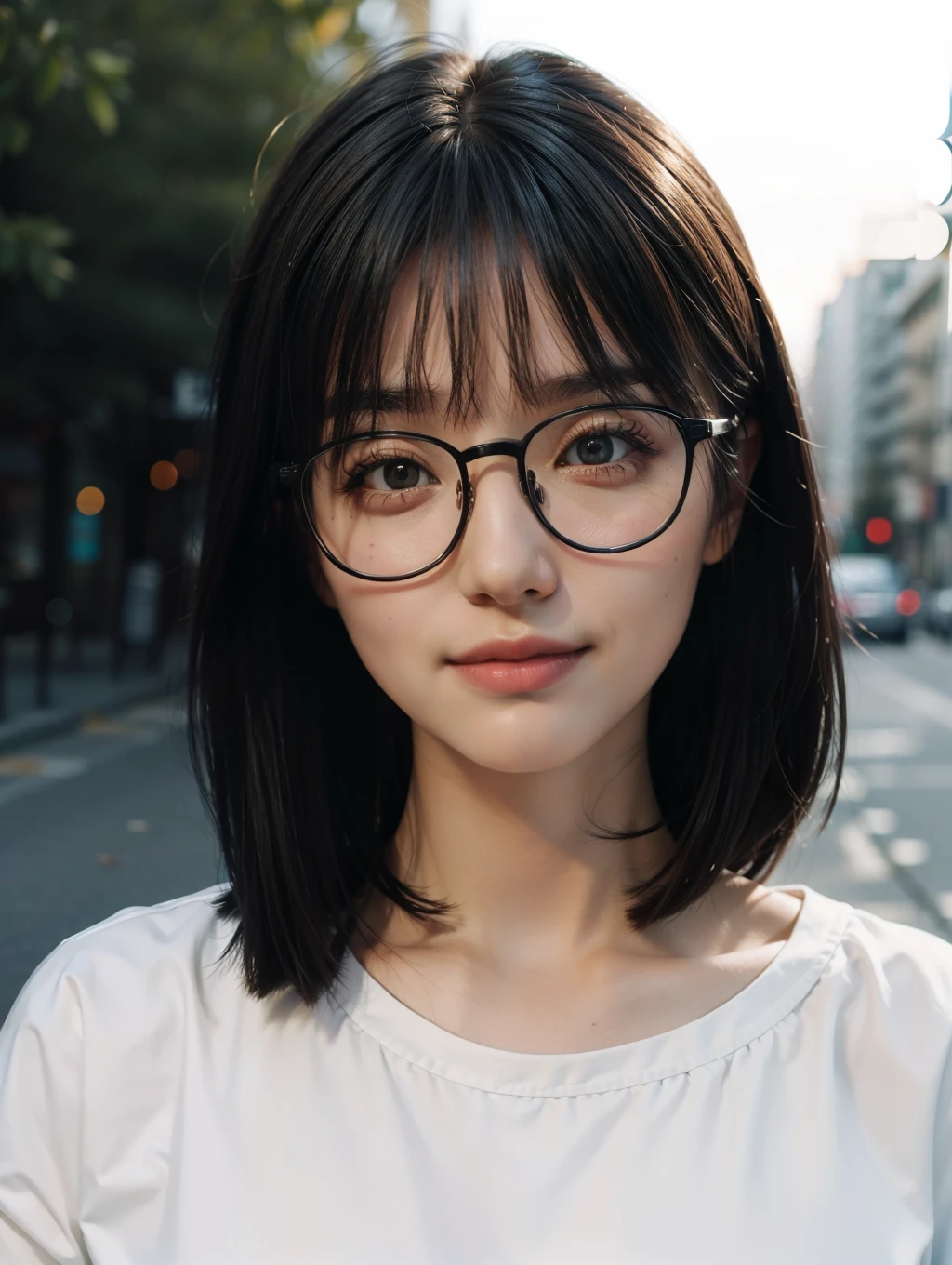 Best quality, masterpiece, super high resolution, wearing glasses, (smirk: 1.2), (BOBO head: 1.3), (waist up: 1.3), (film grain: 1.4), digital photography, bangs, cinematic lighting, (Fuji: 1.2), portrait, close-up of face, clear pores, 1 girl, looking at the viewer, simple background (realistic: 1.2), natural light, outdoors