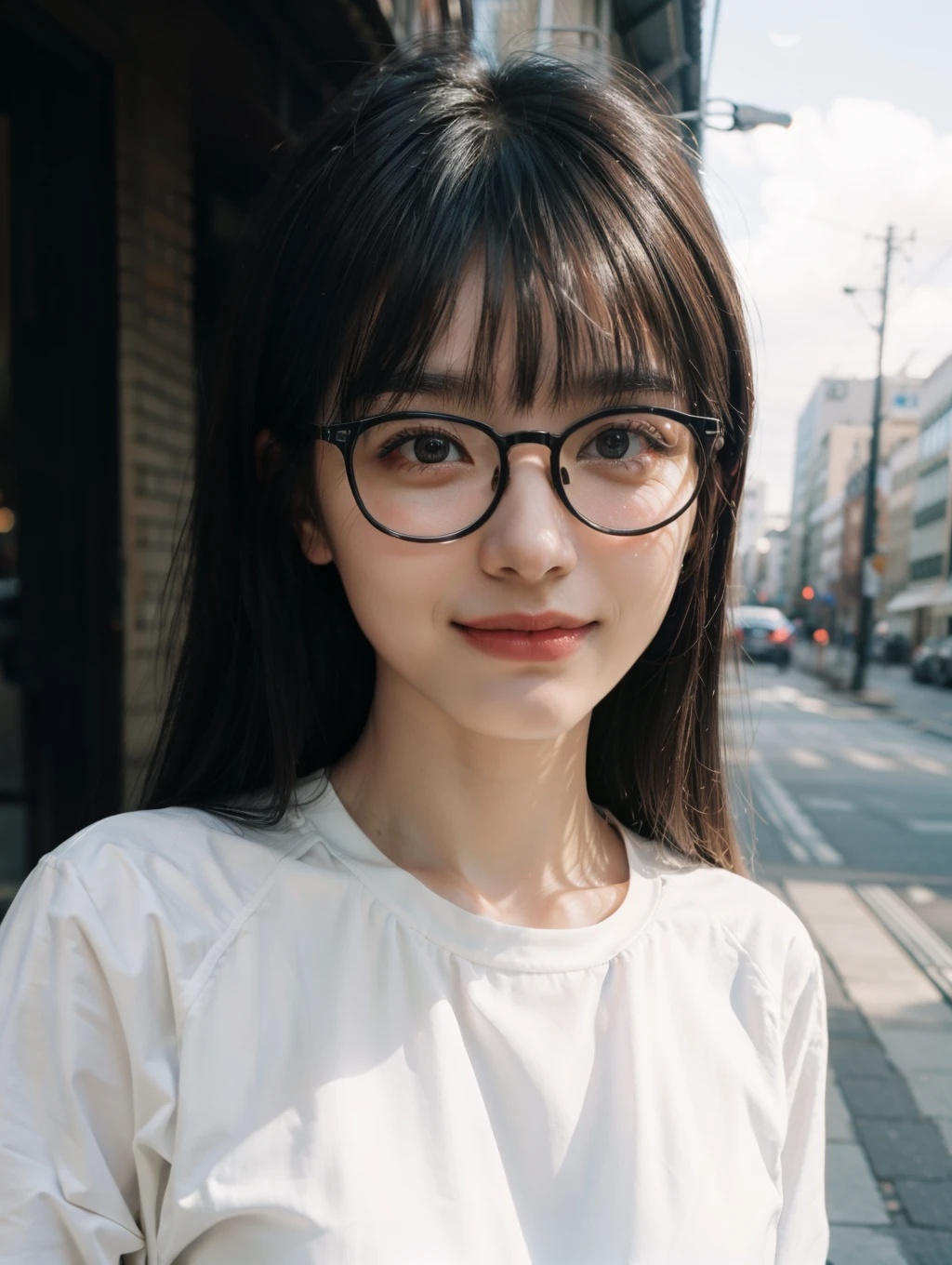 Best quality, masterpiece, super high resolution, wearing glasses, (smirk: 1.2), (BOBO head: 1.3), (waist up: 1.3), (film grain: 1.4), digital photography, bangs, cinematic lighting, (Fuji: 1.2), portrait, close-up of face, clear pores, 1 girl, looking at the viewer, simple background (realistic: 1.2), natural light, outdoors